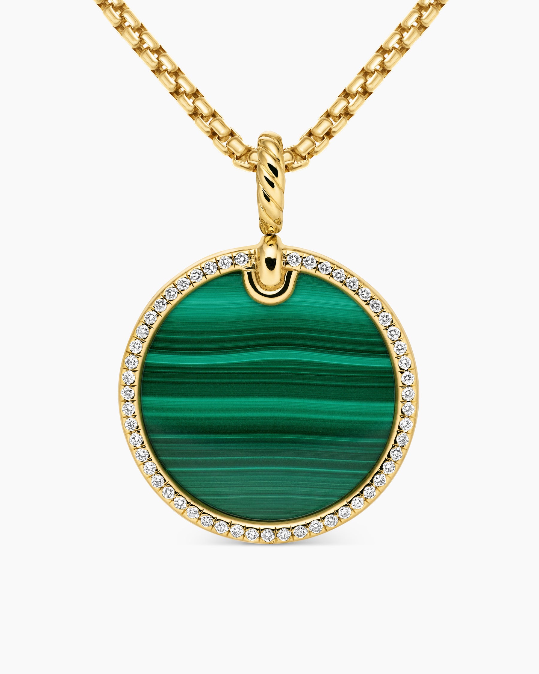 DY Elements Disc Pendant in 18K Yellow Gold with Malachite and Diamond Rim, 24mm