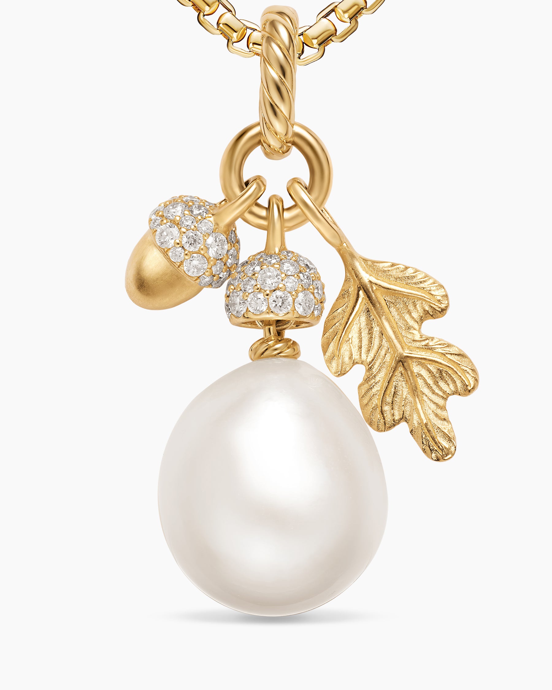 Pearl Acorn Amulet in 18K Yellow Gold with Diamonds, 25mm - Image 5