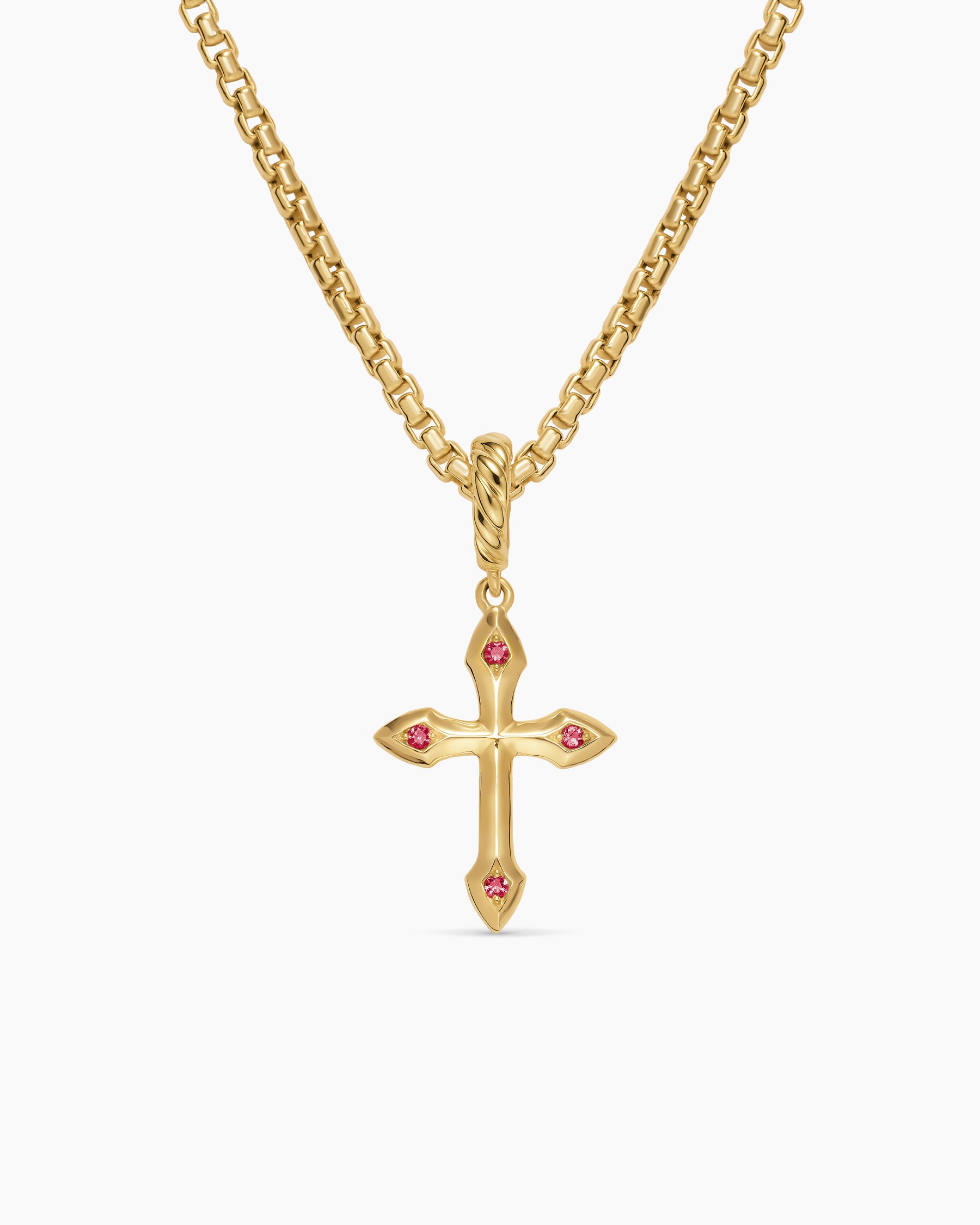 Petite Gothic Cross Amulet in 18K Yellow Gold with Rubies, 15.2mm