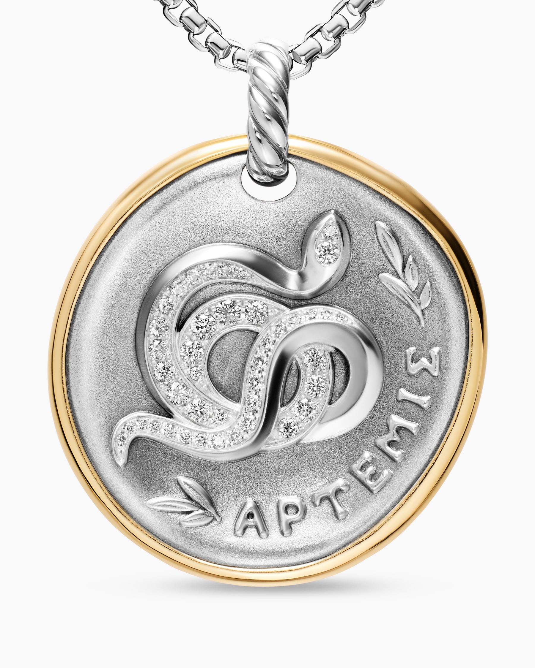 Artemis Medallion Amulet in Sterling Silver with 14K Yellow Gold and Diamonds, 29.5mm - Image 4