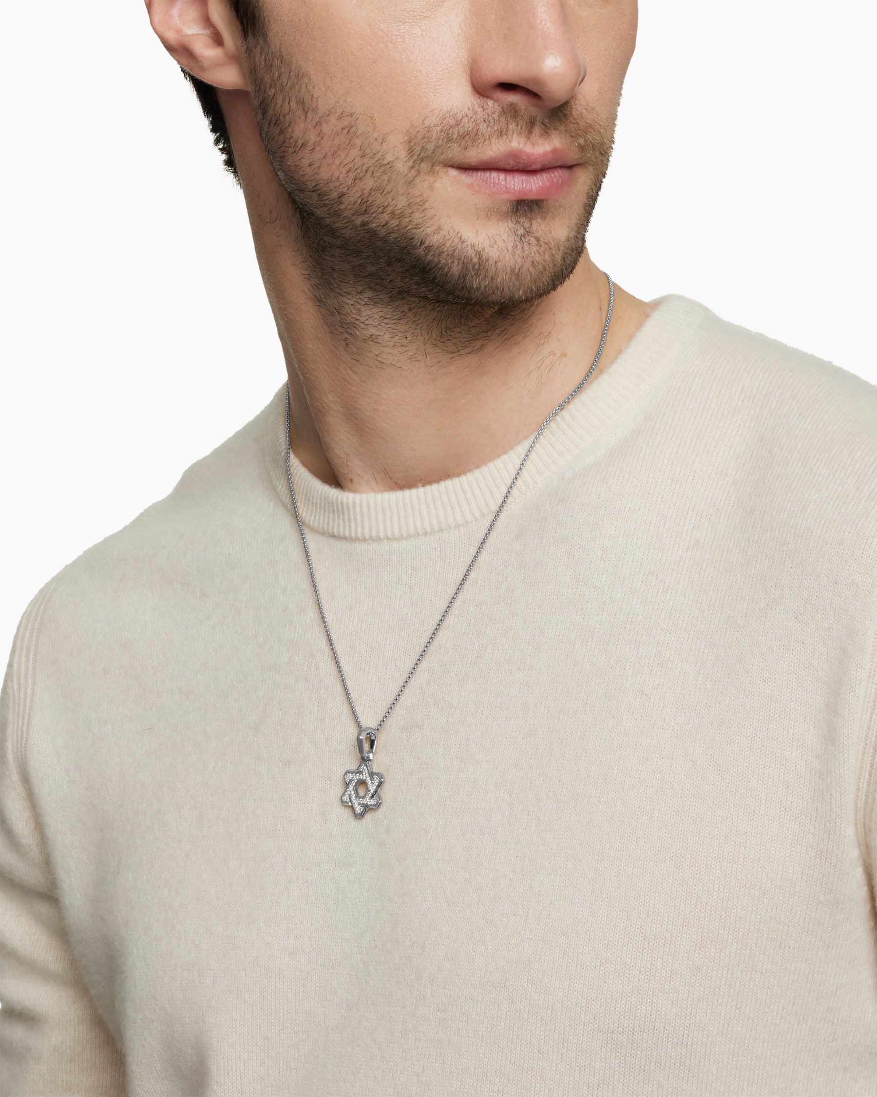 Deco Star of David Pendant in Sterling Silver with Diamonds, 19.5mm - Image 2