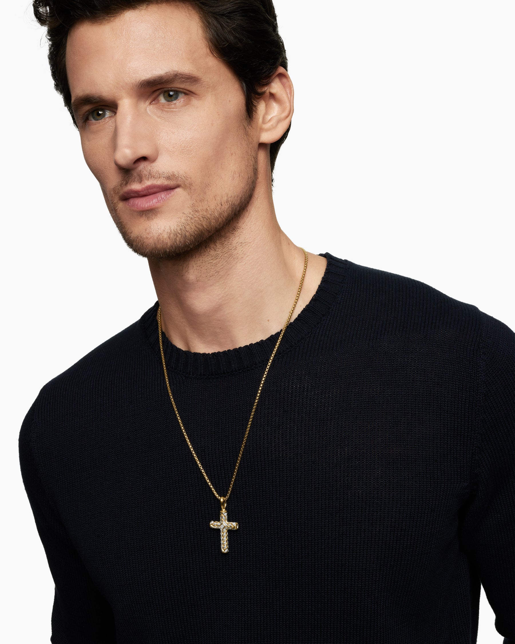 Chevron Cross Pendant in 18K Yellow Gold with Pavé Diamonds, 36mm - Image 7