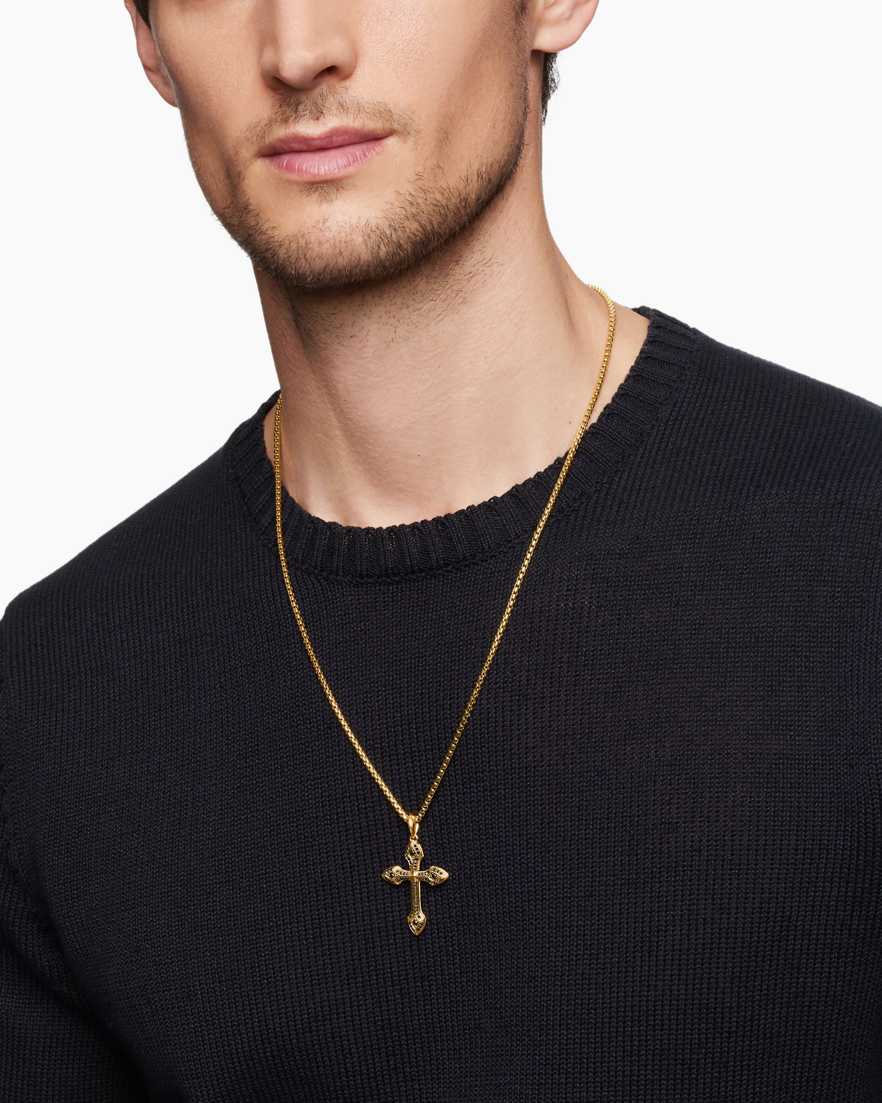 Gothic Cross Pendant in 18K Yellow Gold with Black Diamonds, 36.5mm - Image 2