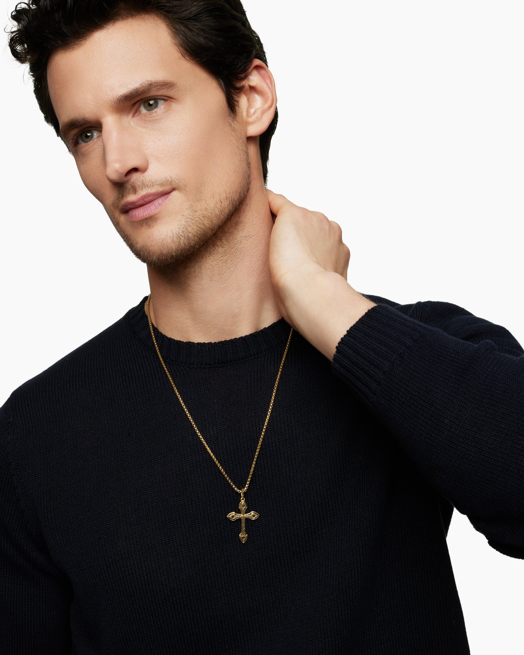 Gothic Cross Pendant in 18K Yellow Gold with Black Diamonds, 36.5mm - Image 7