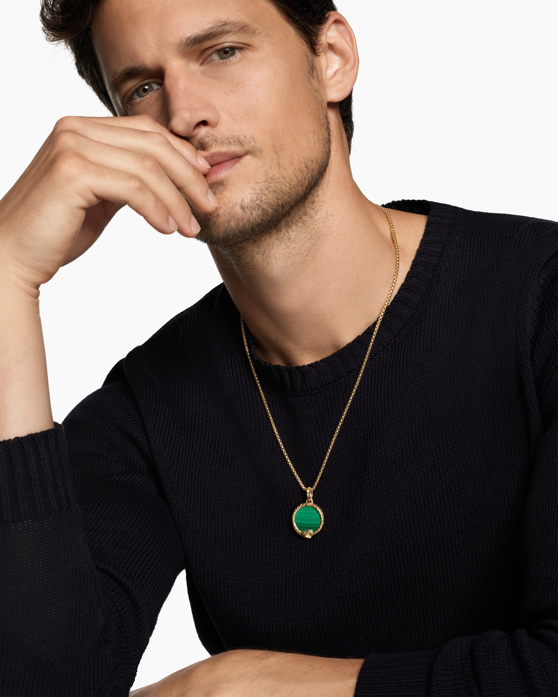 Ouroboros Amulet in 18K Yellow Gold with Malachite and Emerald, 25mm - Image 2