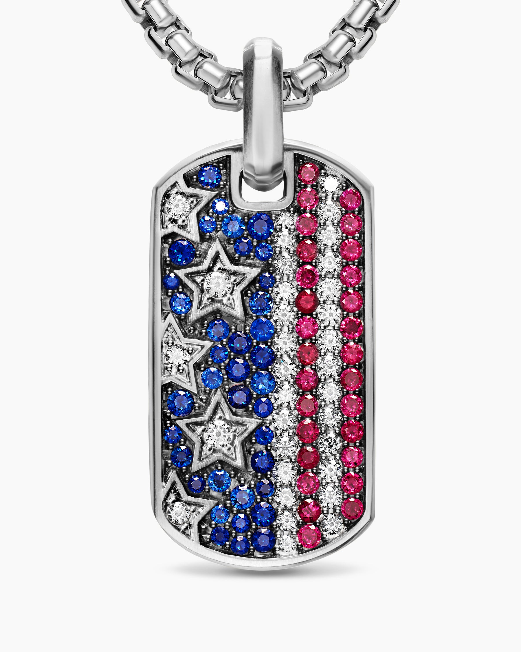 Chevron American Flag Tag in Sterling Silver with Sapphires, Diamonds, and Rubies, 35mm - Image 4