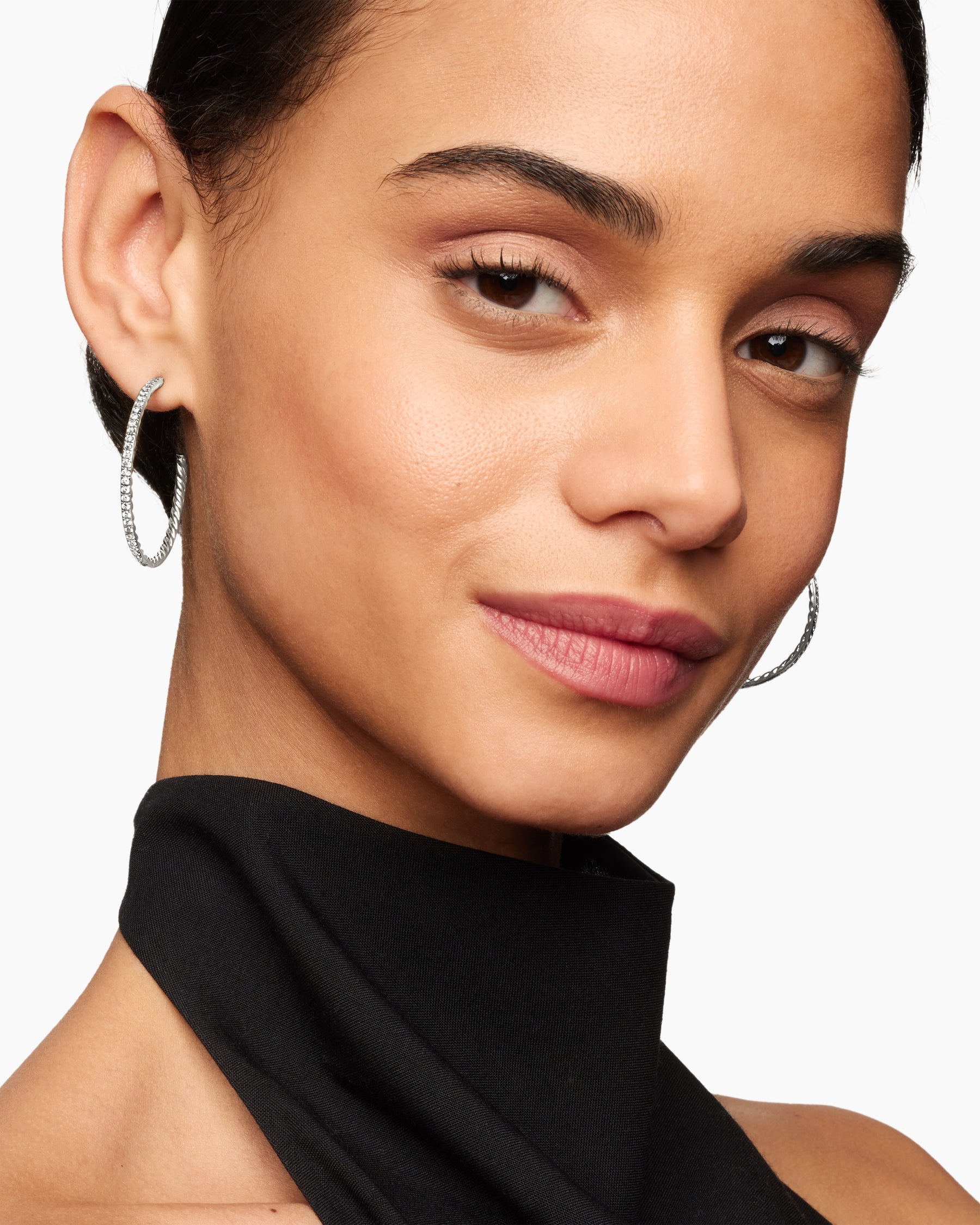Alternative view of Pavé Hoop Earrings in Sterling Silver with Diamonds, 38mm