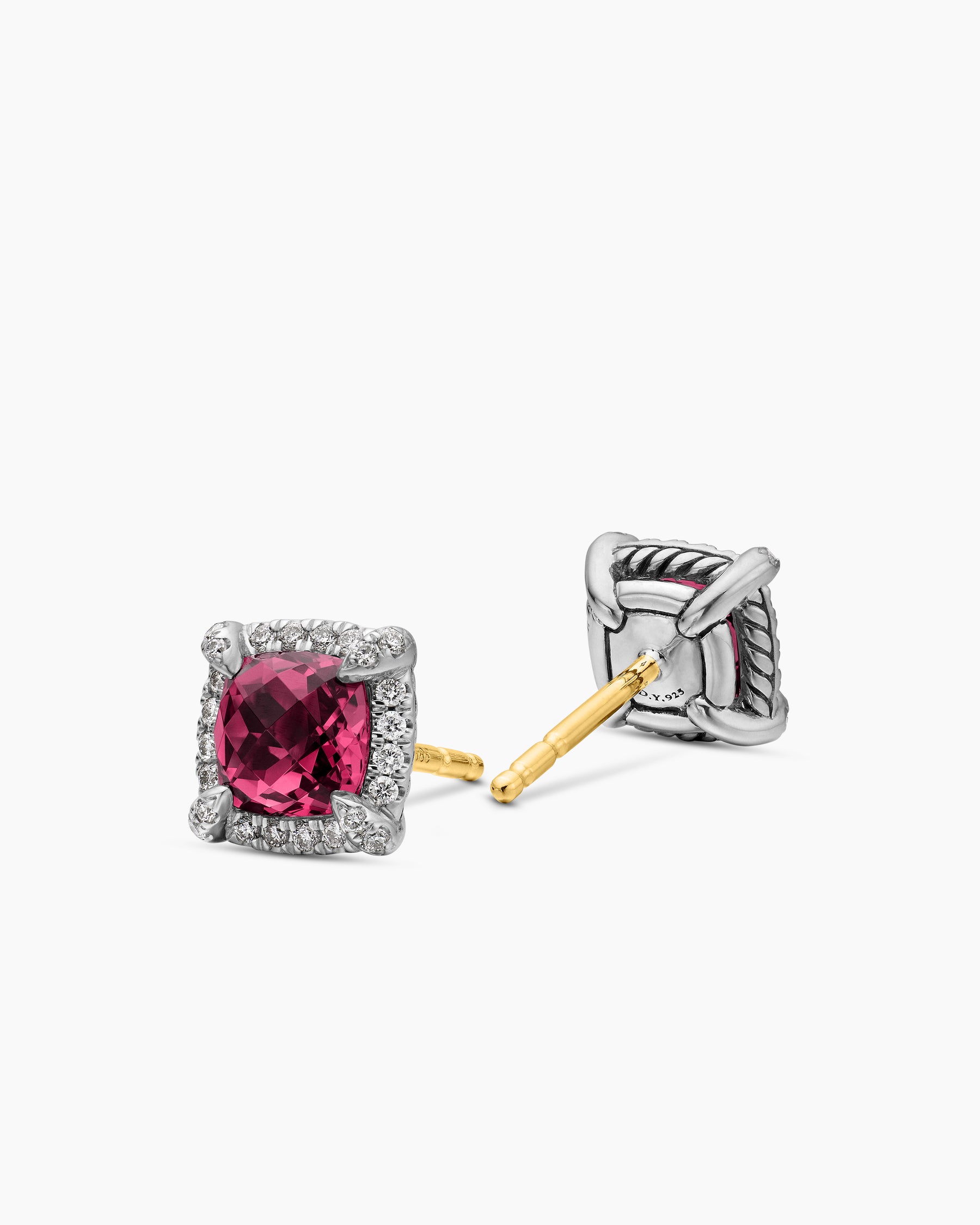 Petite Chatelaine Pavé Bezel Stud Earrings in Sterling Silver with Rhodolite Garnet and Diamonds, 5mm - Image 3