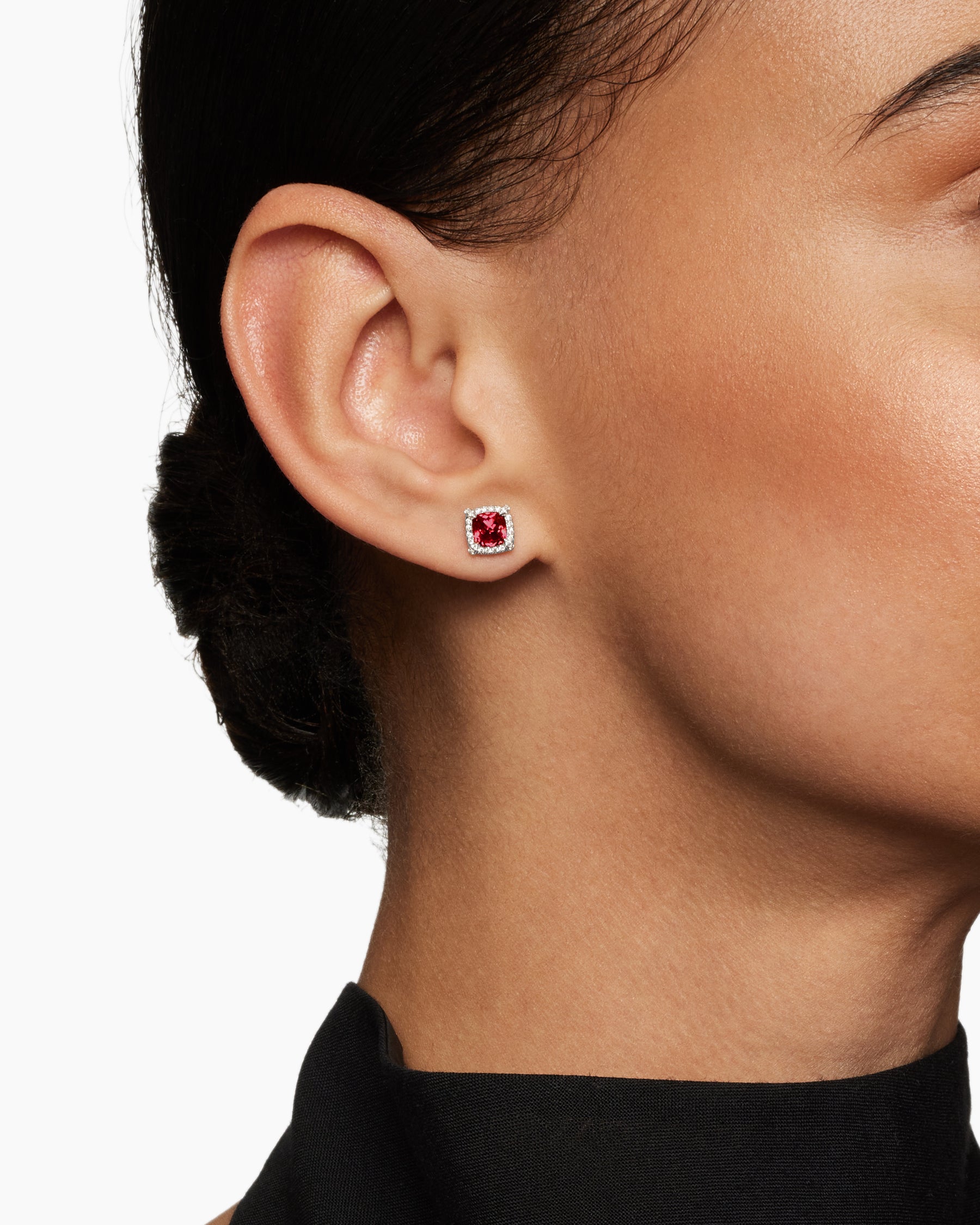 Petite Chatelaine Pavé Bezel Stud Earrings in Sterling Silver with Rhodolite Garnet and Diamonds, 5mm - Image 2