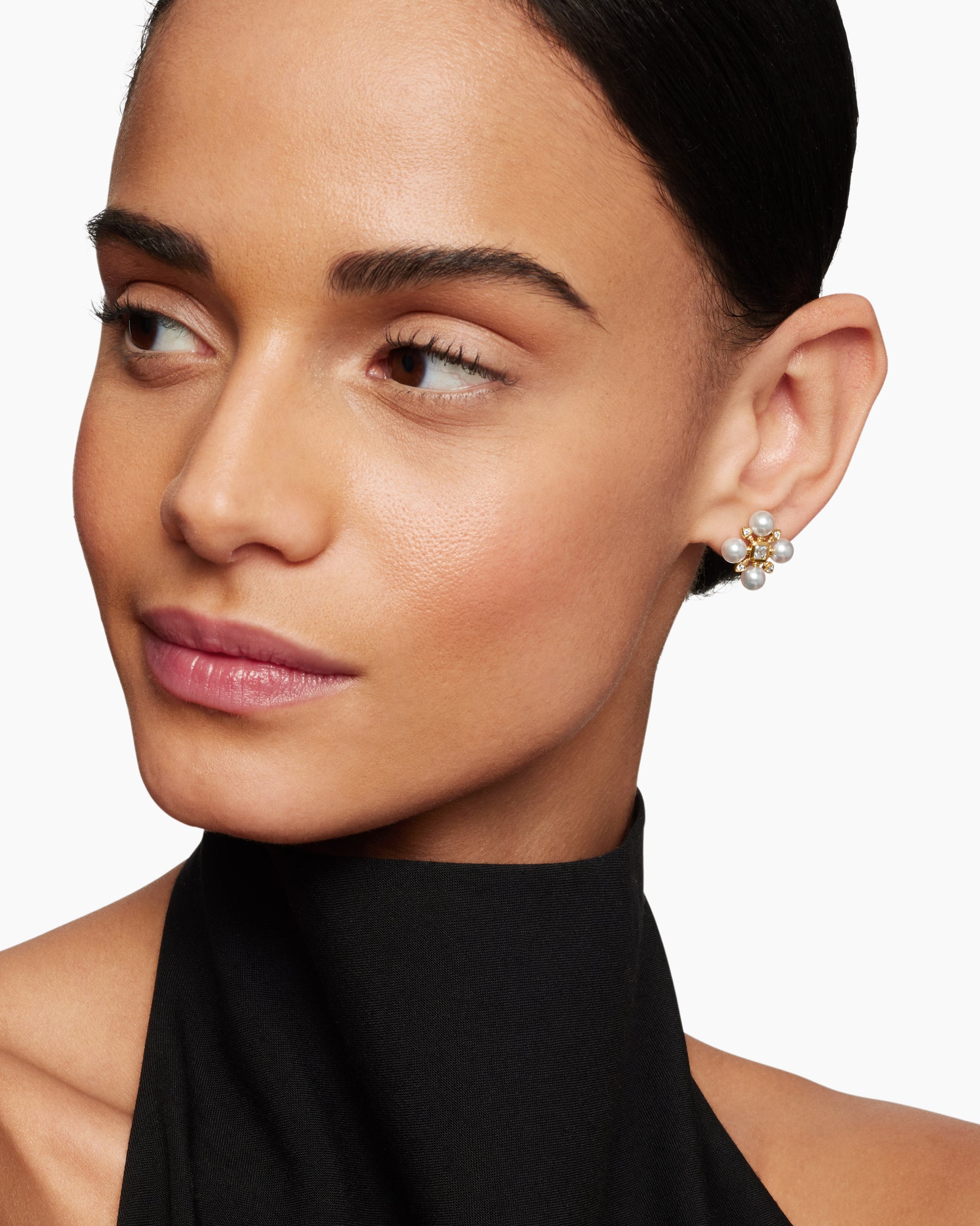 Alternative view of Renaissance Pearl Stud Earrings in 18K Yellow Gold with Pearls and Diamonds, 16.5mm