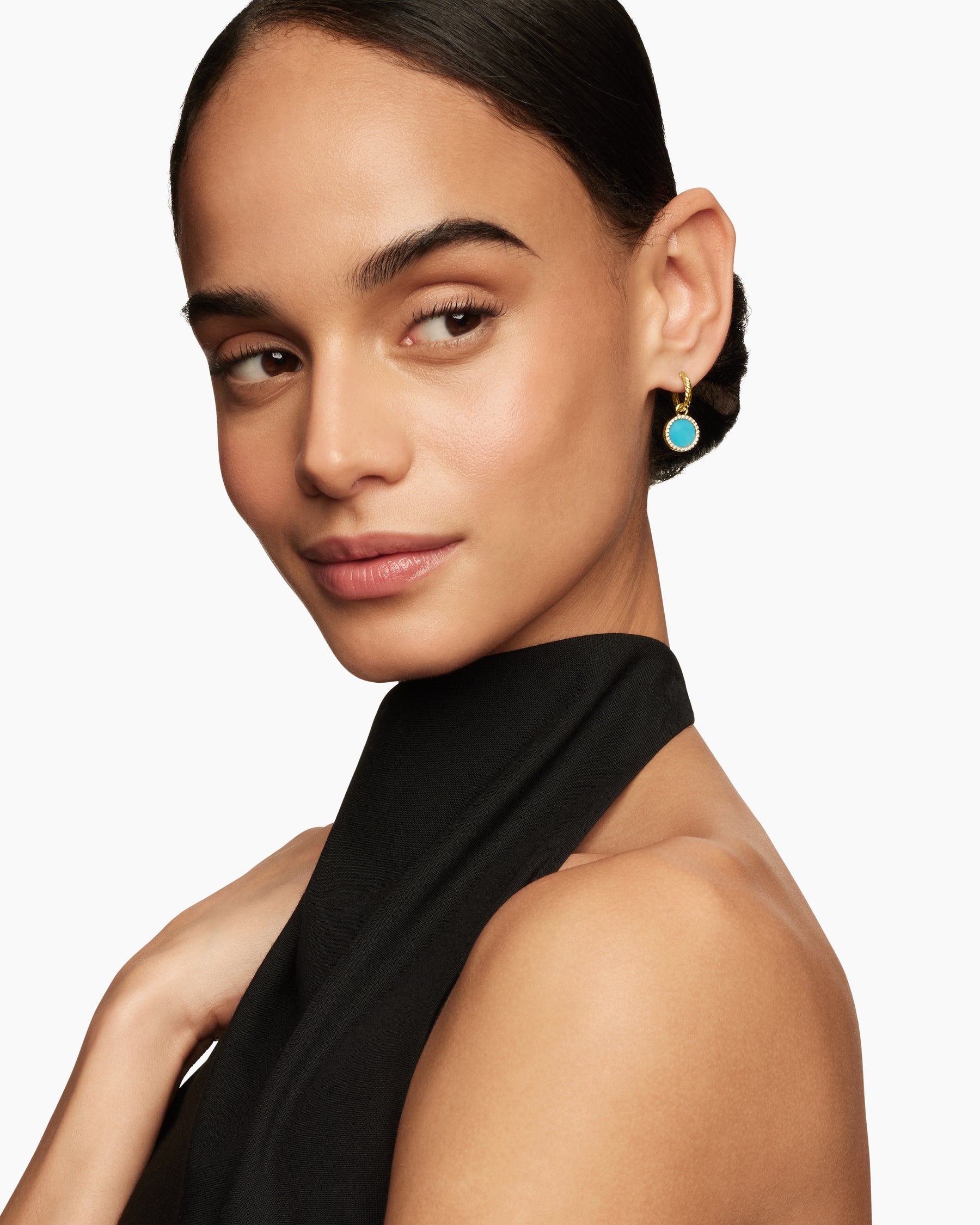 Alternative view of Petite DY Elements Drop Earrings in 18K Yellow Gold with Turquoise and Diamonds, 22.6mm