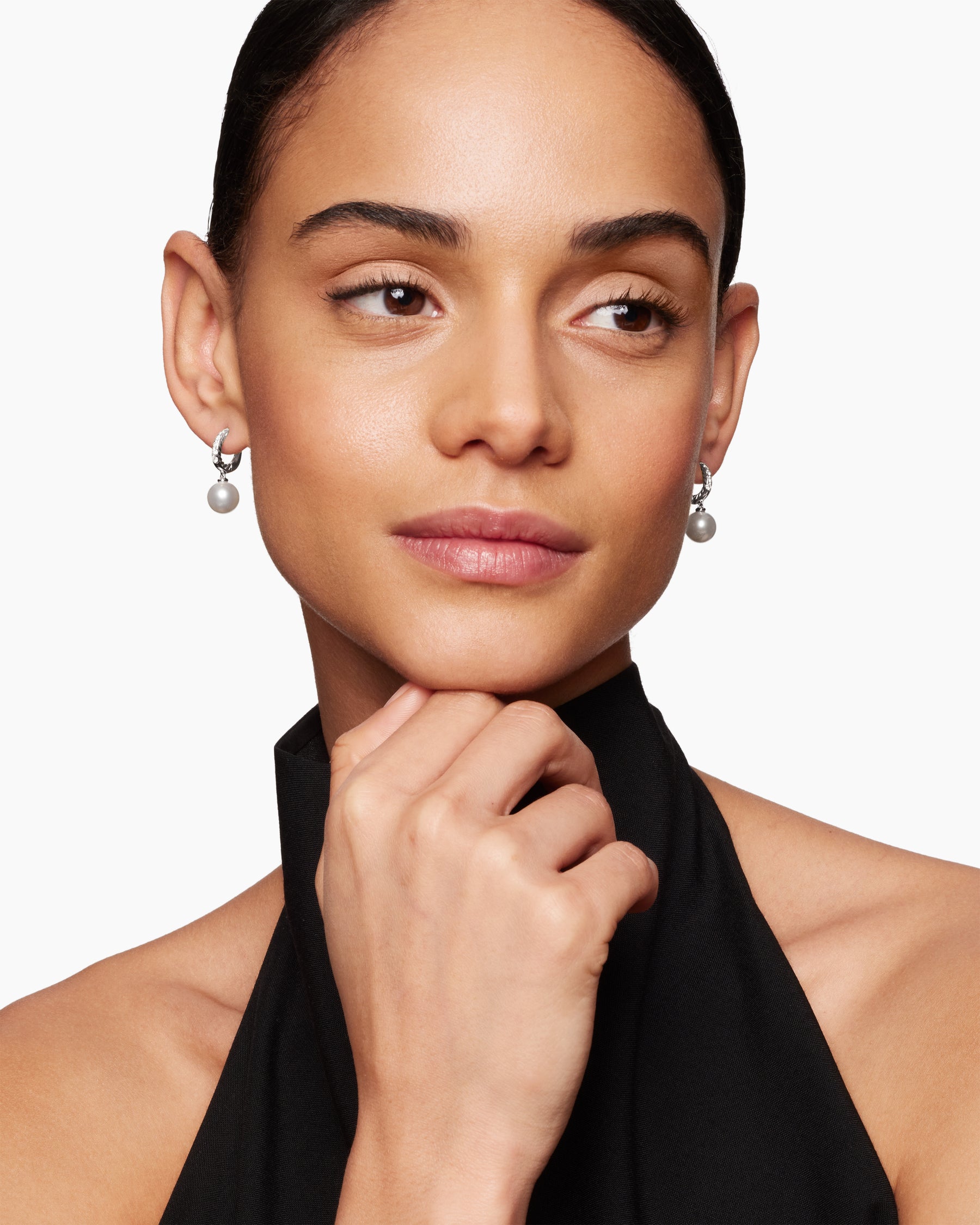 Alternative view of Pearl and Pavé Drop Earrings in Sterling Silver with Pearls and Diamonds, 15.6mm