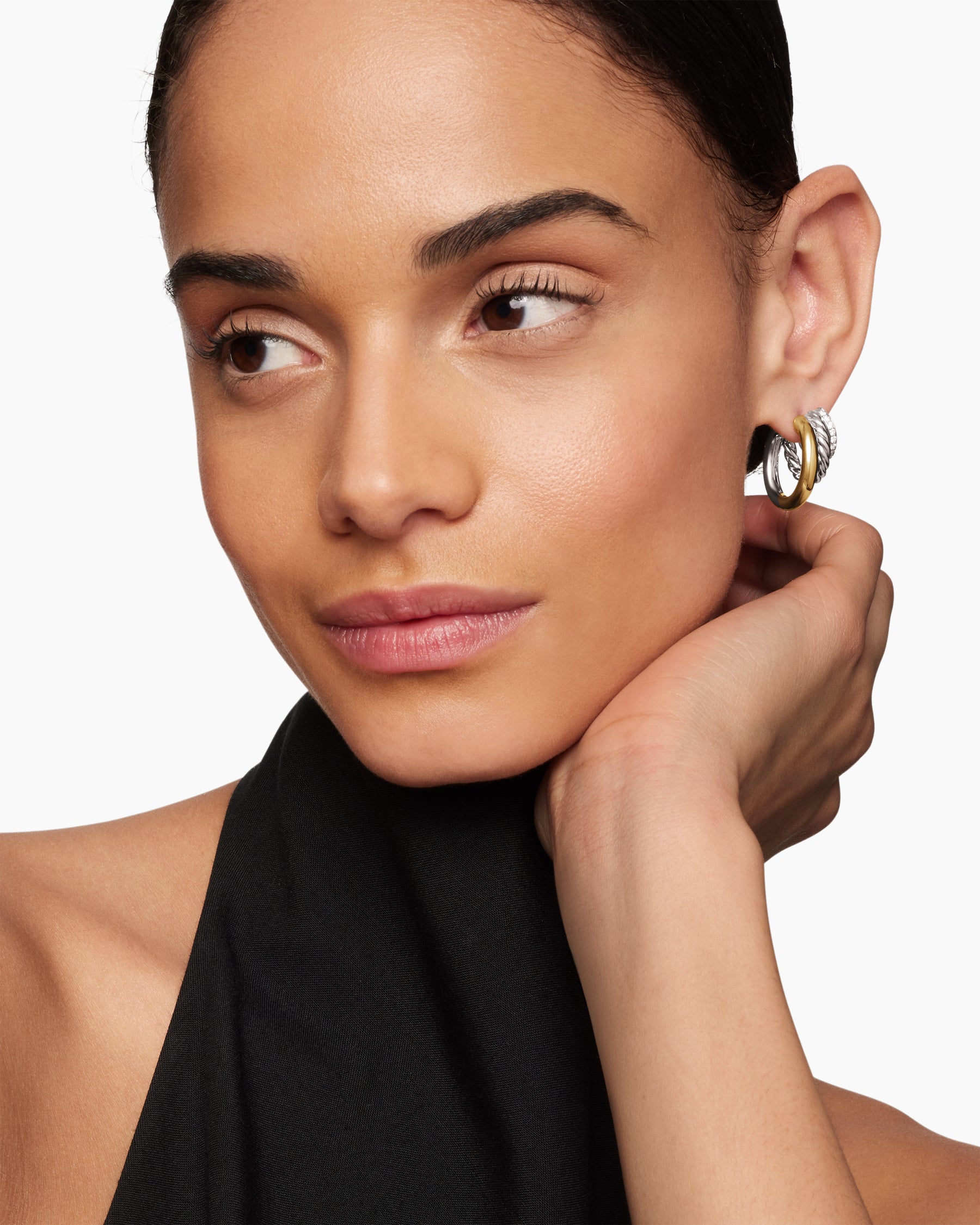 Alternative view of DY Mercer Three Row Hoop Earrings in Sterling Silver with 18K Yellow Gold and Diamonds, 21mm