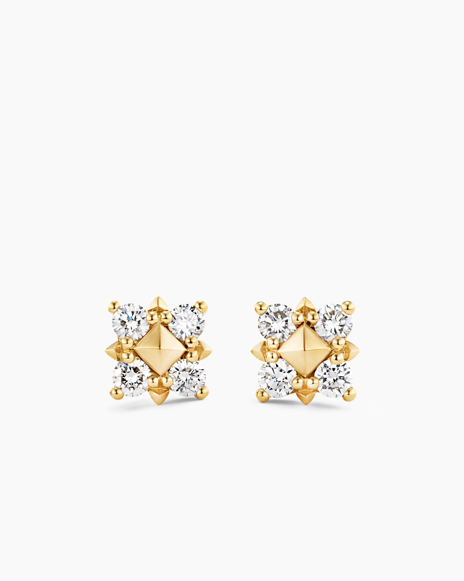 Petite Modern Renaissance Pyramid Stud Earrings in 18K Yellow Gold with Diamonds, 8mm