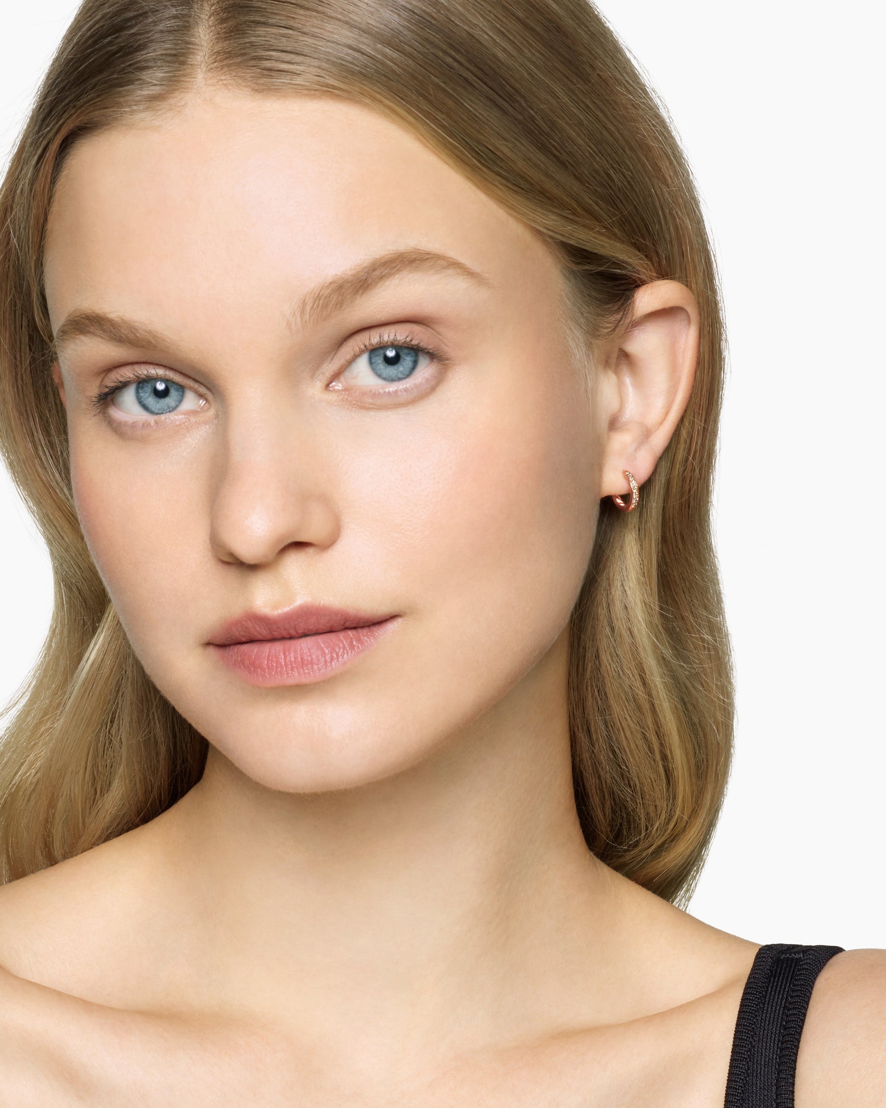 Alternative view of Petite Pavé Huggie Hoop Earrings in 18K Rose Gold with Cognac Diamonds, 12mm