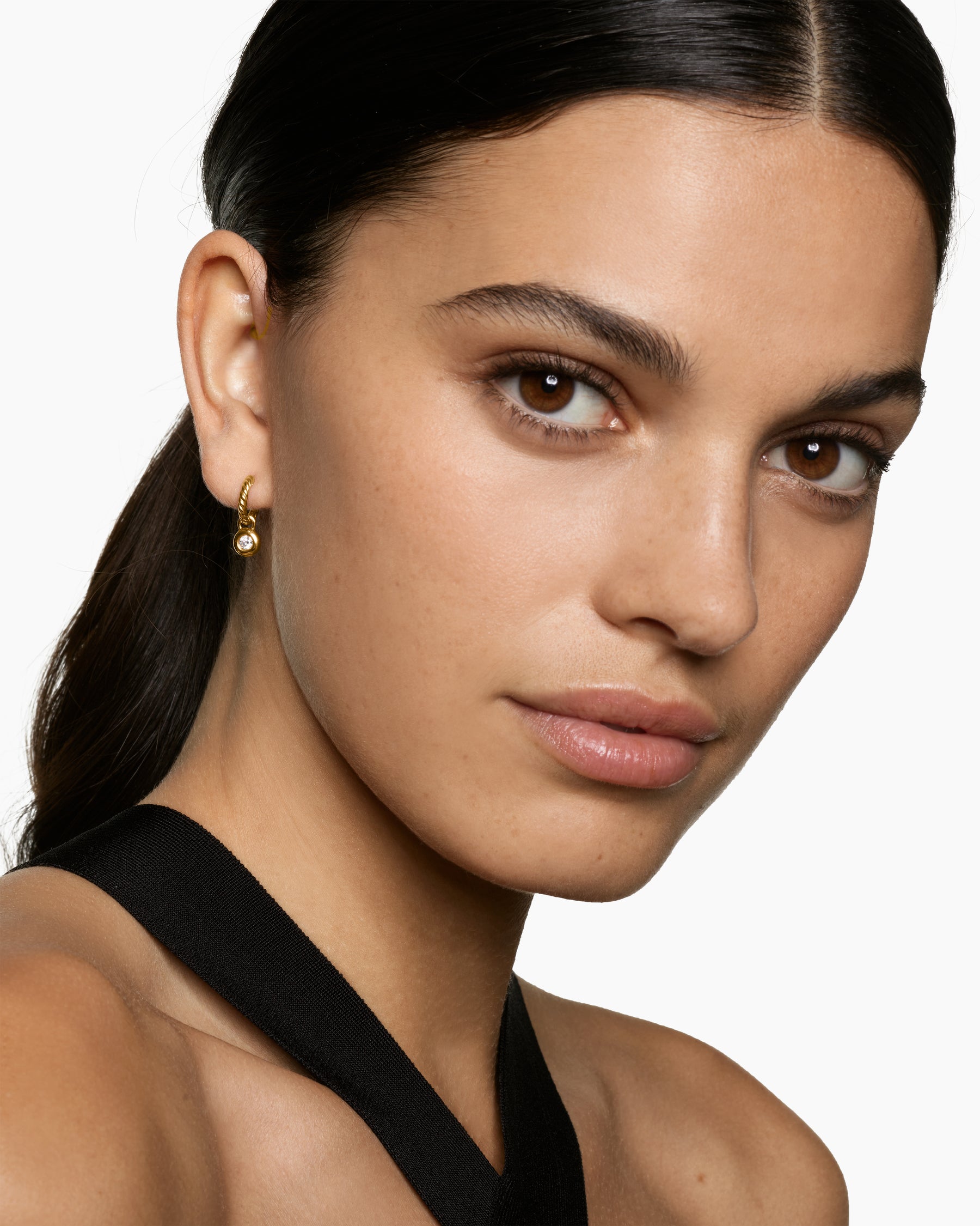Alternative view of Petite Cable Huggie Drop Earrings in 18K Yellow Gold with Diamonds, 17.5mm