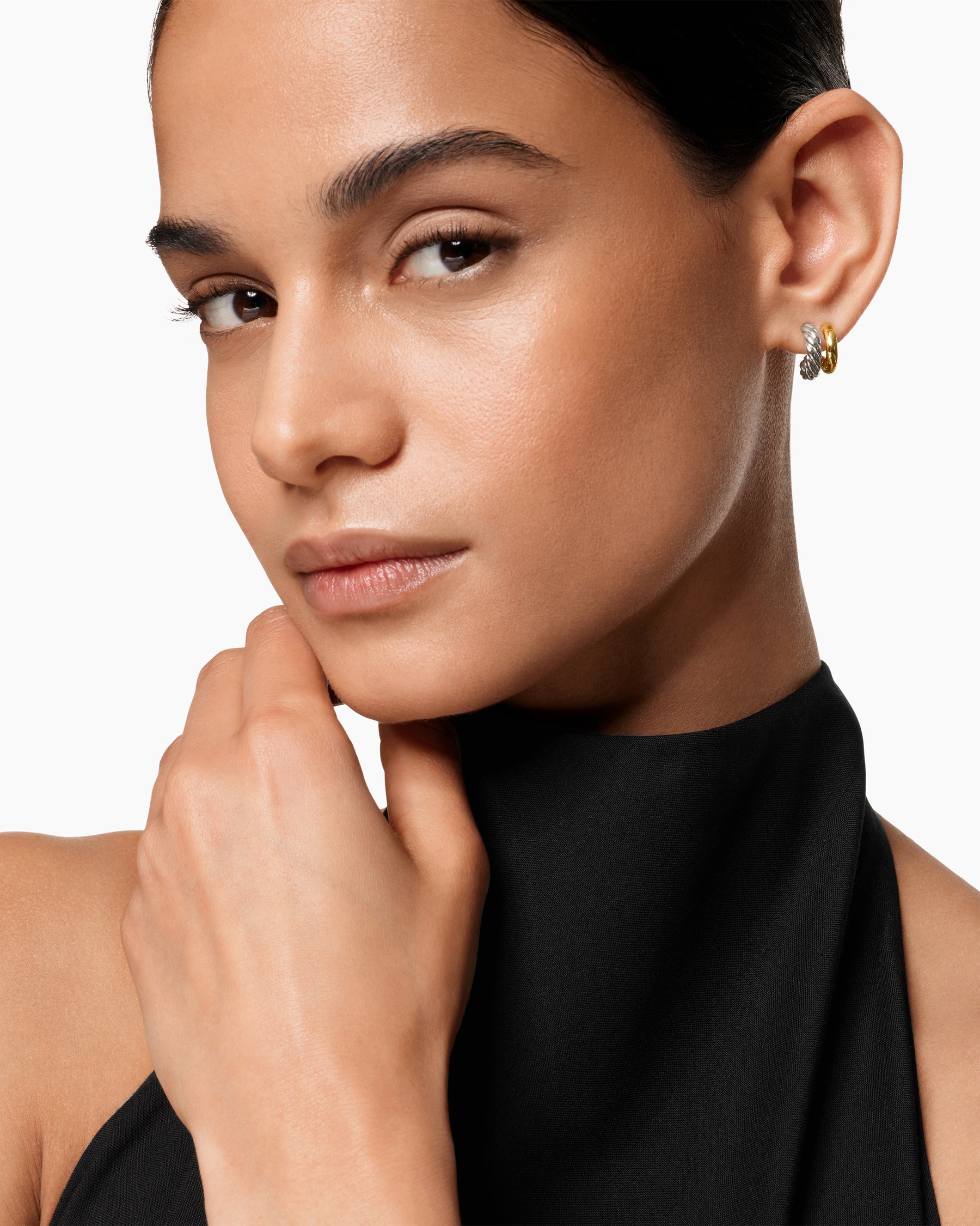 DY Mercer Double Hoop Huggie Earrings in Sterling Silver with 18K Yellow Gold, 13.5mm - Image 2