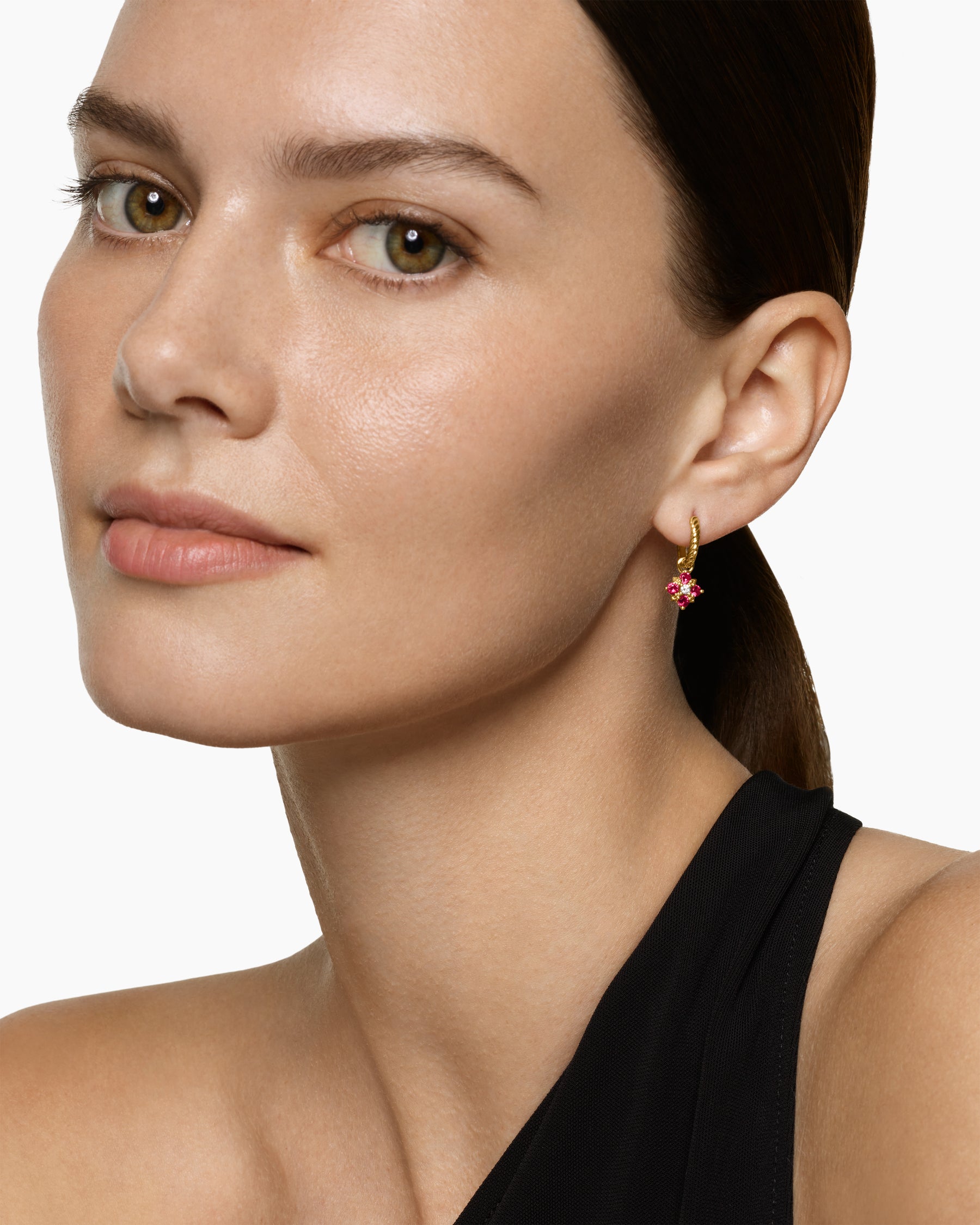 Petite Modern Renaissance Color Drop Earrings in 18K Yellow Gold with Ruby and Diamonds, 18mm - Image 2
