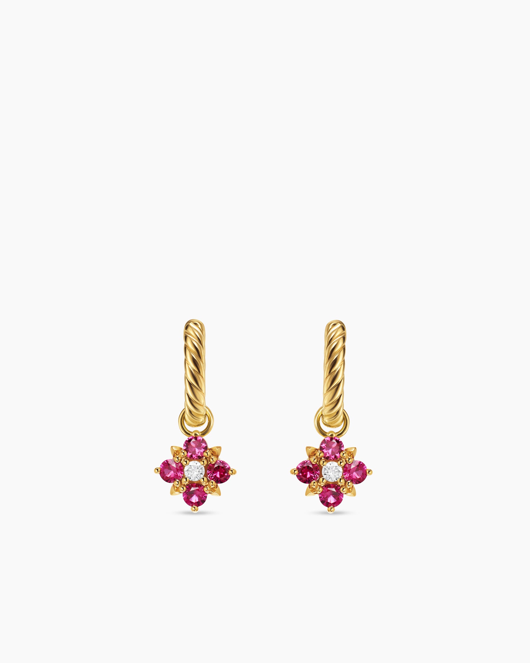 Petite Modern Renaissance Color Drop Earrings in 18K Yellow Gold with Ruby and Diamonds, 18mm