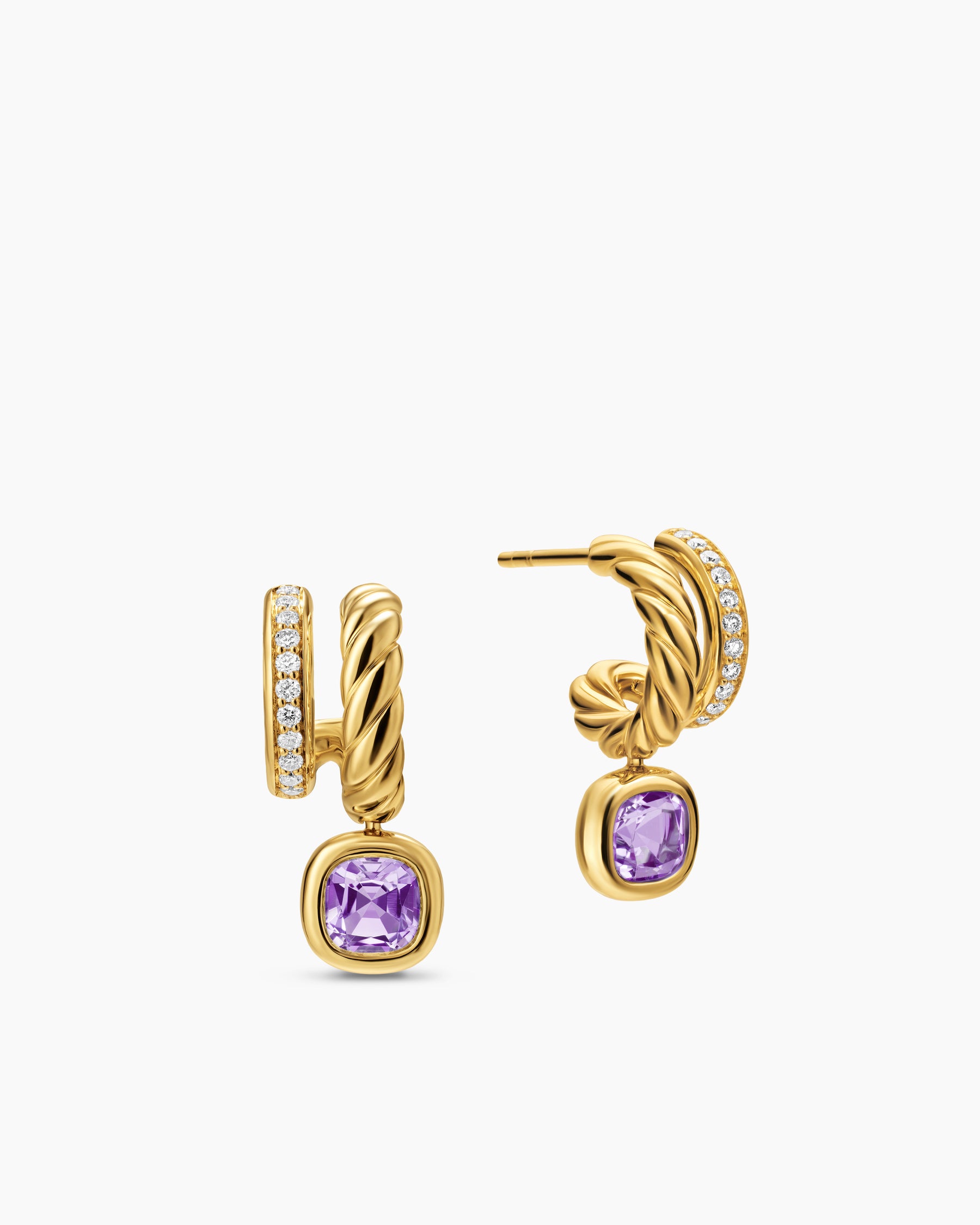 DY Mercer Color Two Row Drop Earrings in 18K Yellow Gold with Amethyst and Diamonds, 19.5mm - Image 3