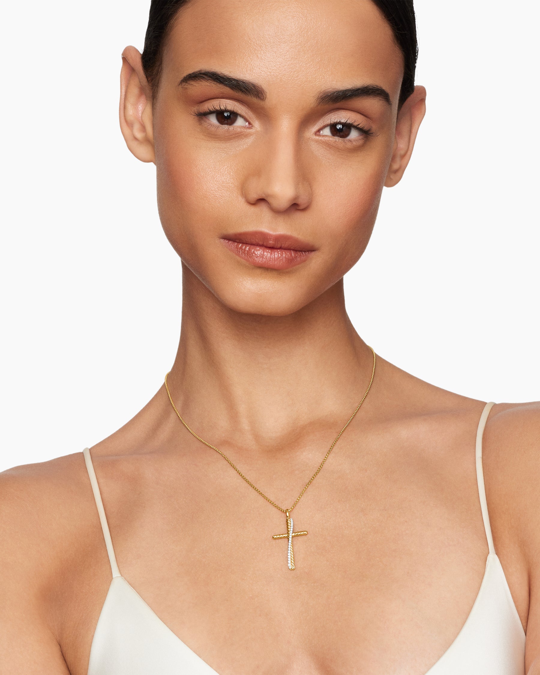 Alternative view of Crossover Cross Necklace in 18K Yellow Gold with Diamonds, 35.6mm