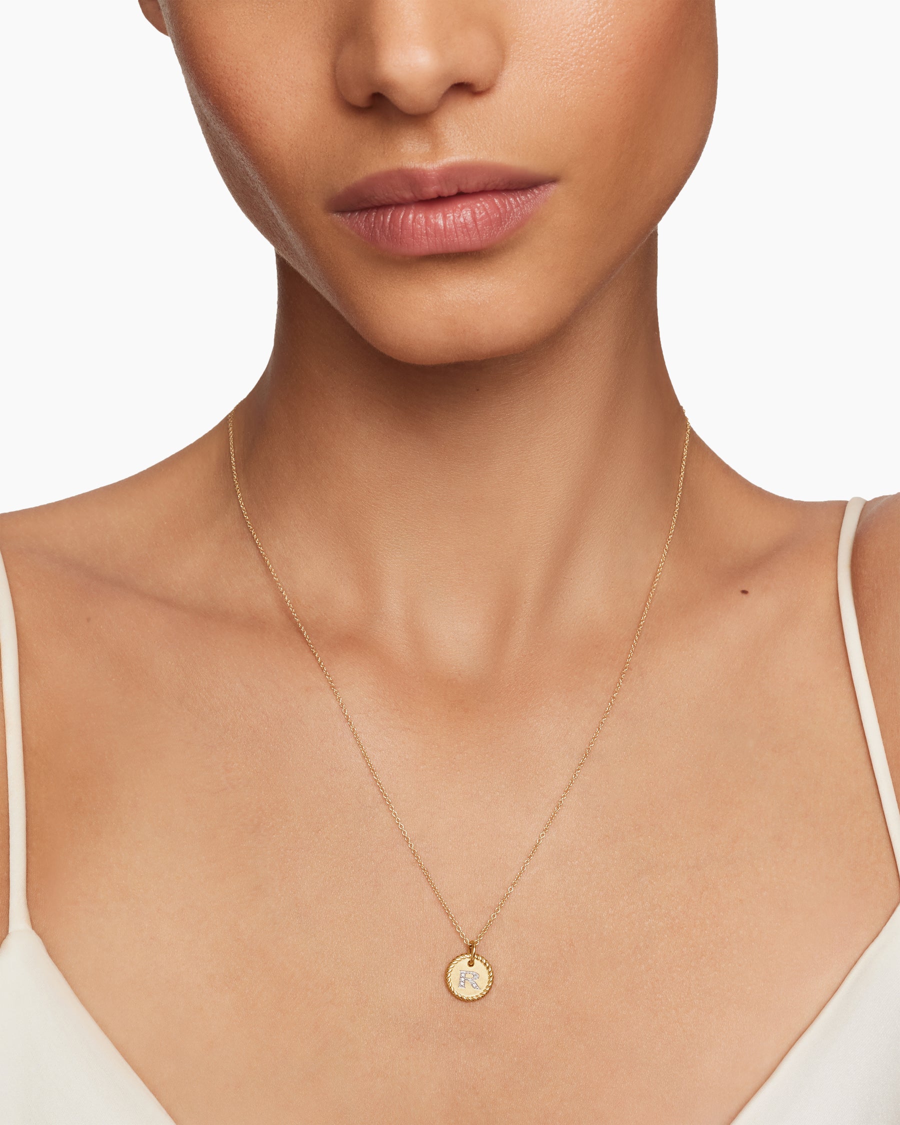 Initial Charm Necklace in 18K Yellow Gold with Diamond R - Image 2