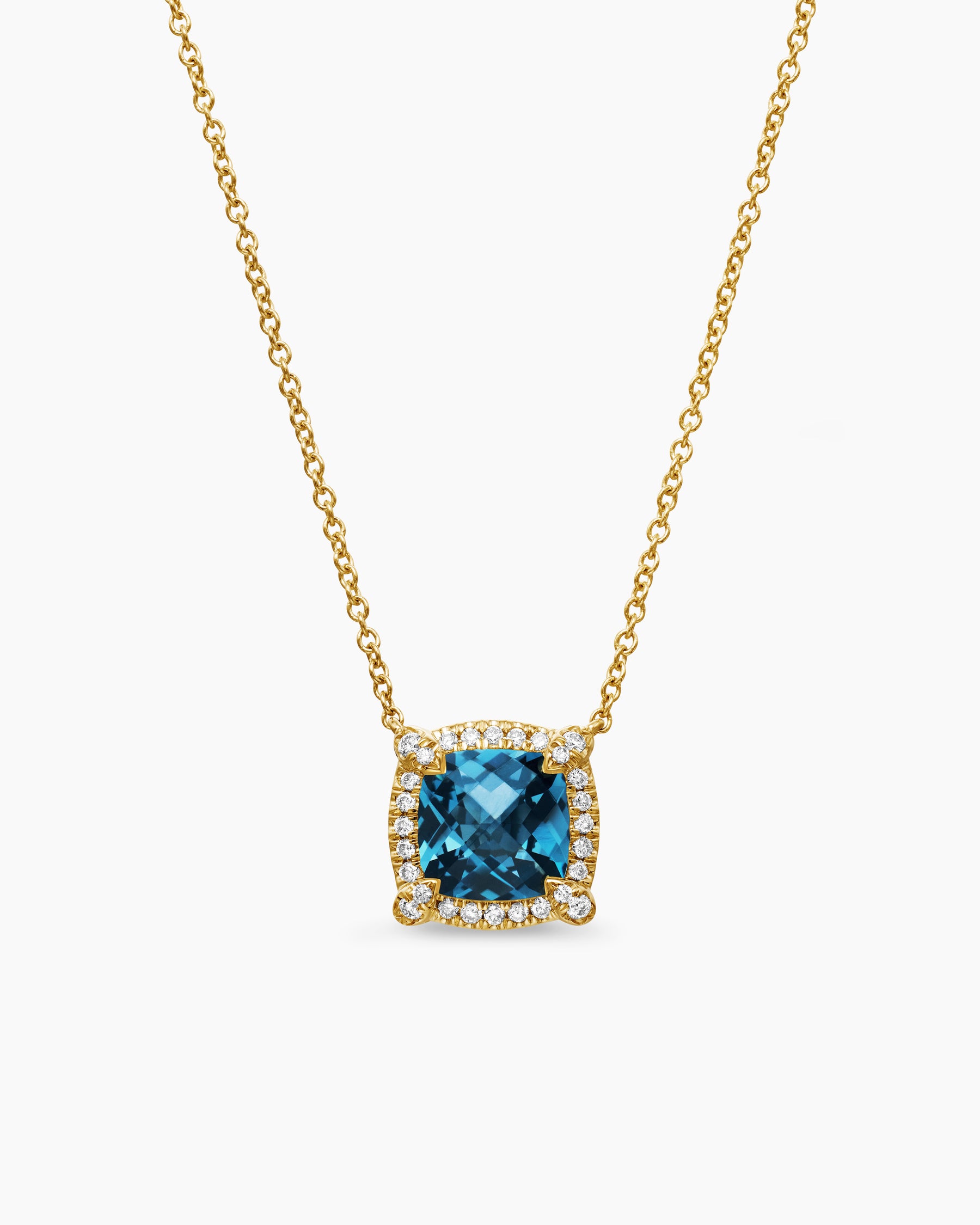 Petite Chatelaine Pavé Bezel Pendant Necklace in 18K Yellow Gold with Hampton Blue Topaz and Diamonds, 7mm