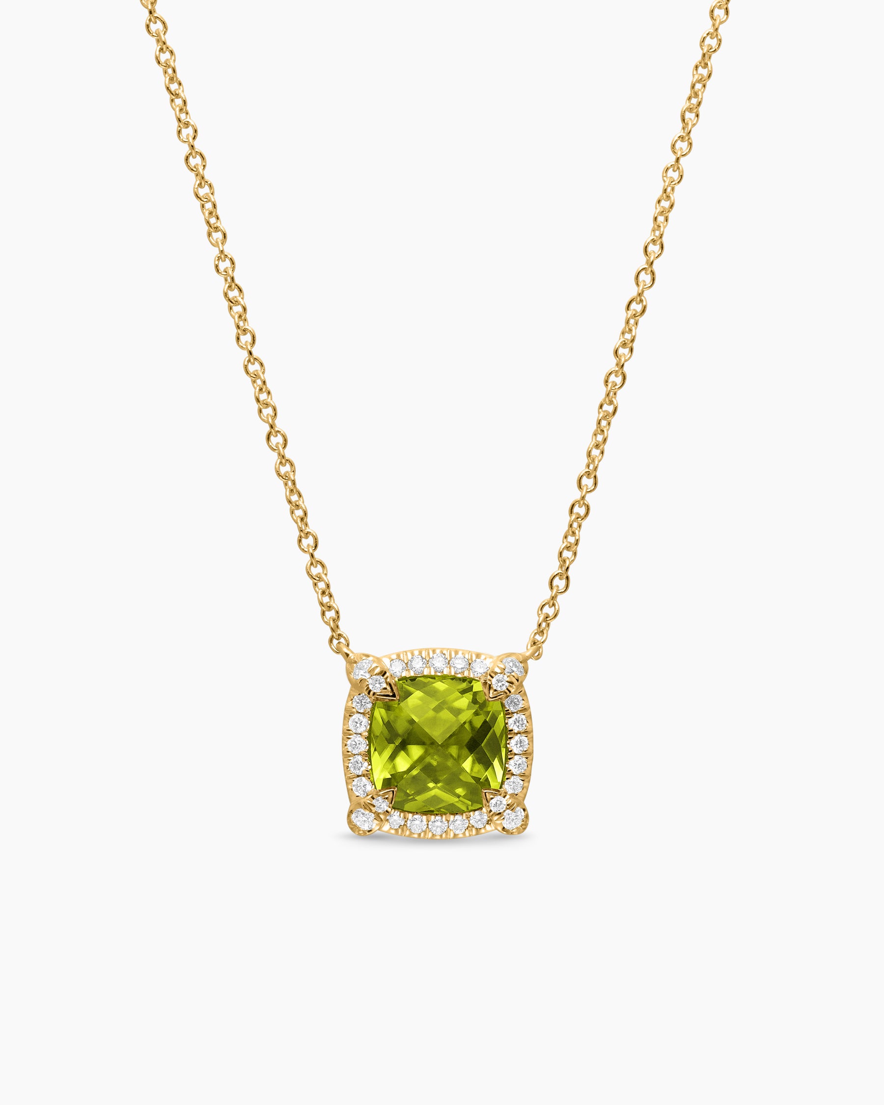 Petite Chatelaine Pavé Bezel Pendant Necklace in 18K Yellow Gold with Peridot and Diamonds, 7mm