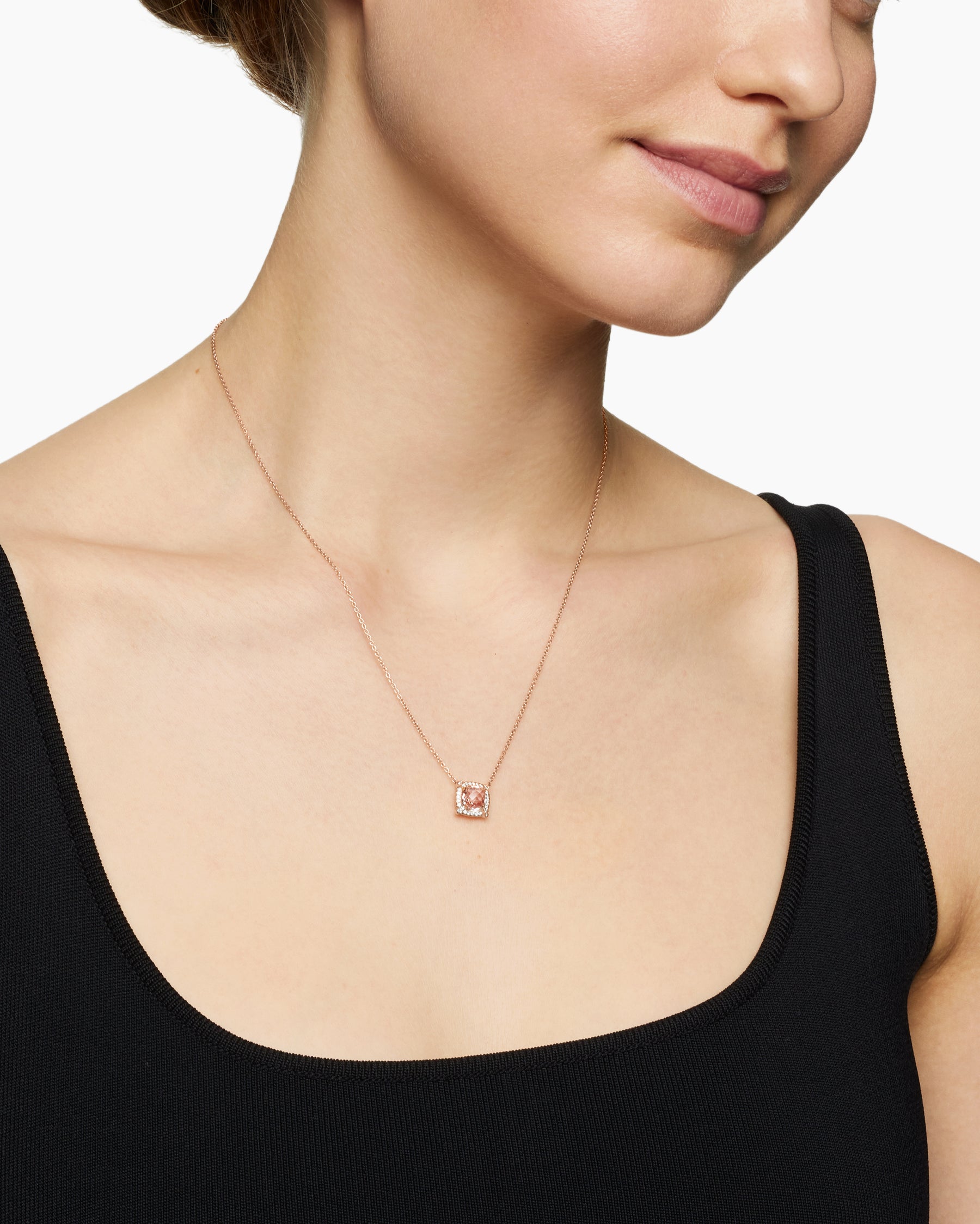Alternative view of Petite Chatelaine Pavé Bezel Pendant Necklace in 18K Rose Gold with Morganite and Diamonds, 7mm