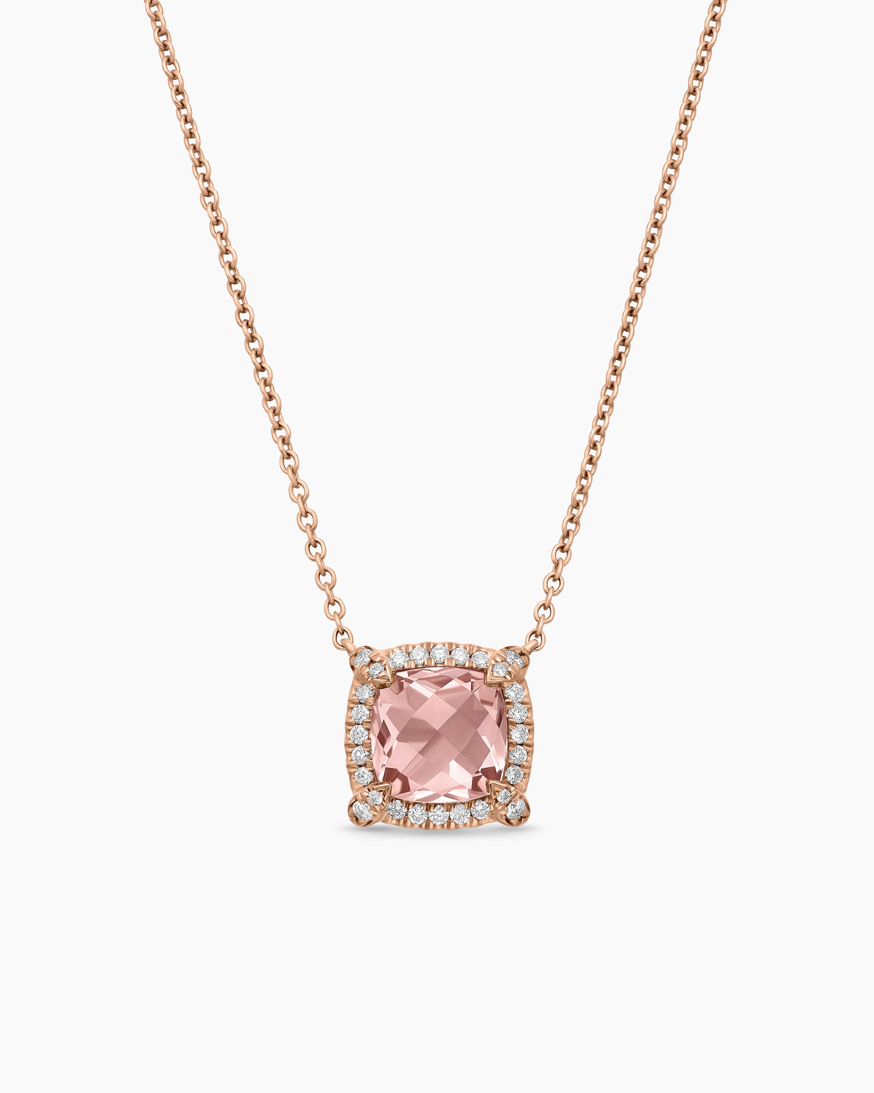 Petite Chatelaine Pavé Bezel Pendant Necklace in 18K Rose Gold with Morganite and Diamonds, 7mm