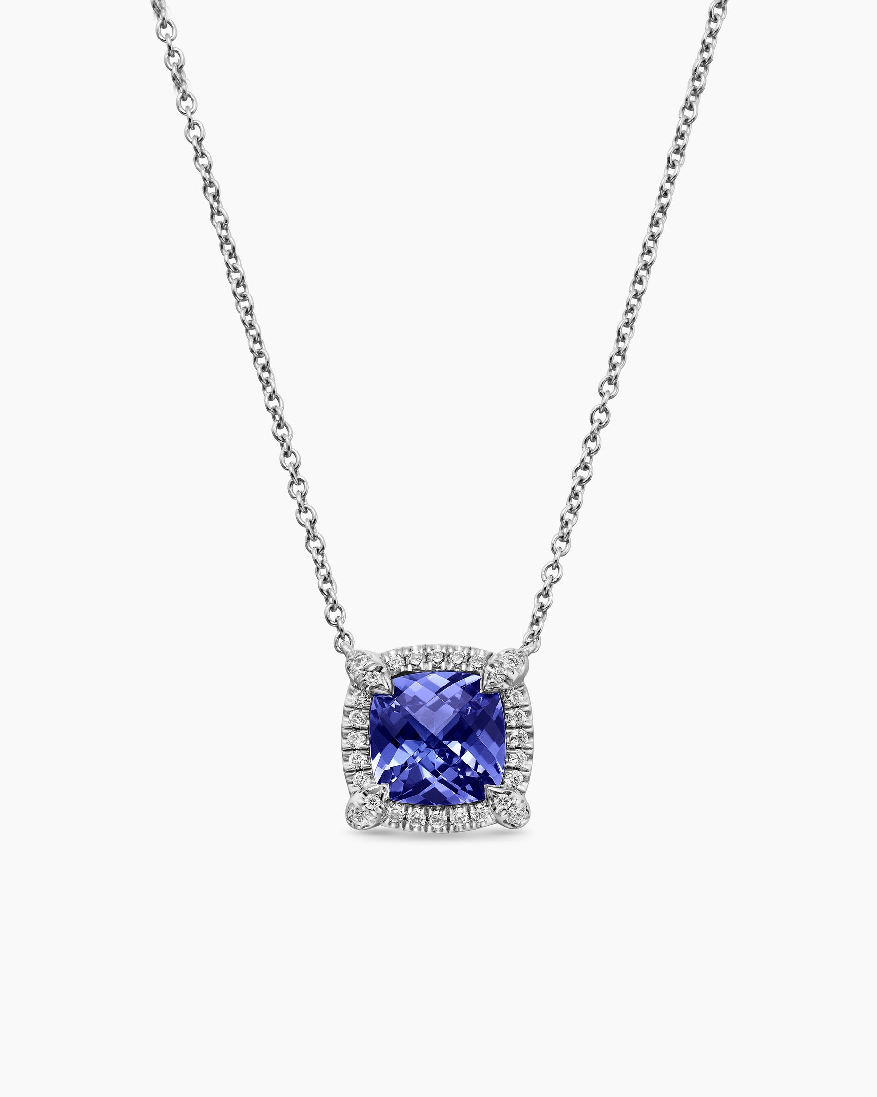 Petite Chatelaine Pavé Bezel Pendant Necklace in 18K White Gold with Tanzanite and Diamonds, 7mm