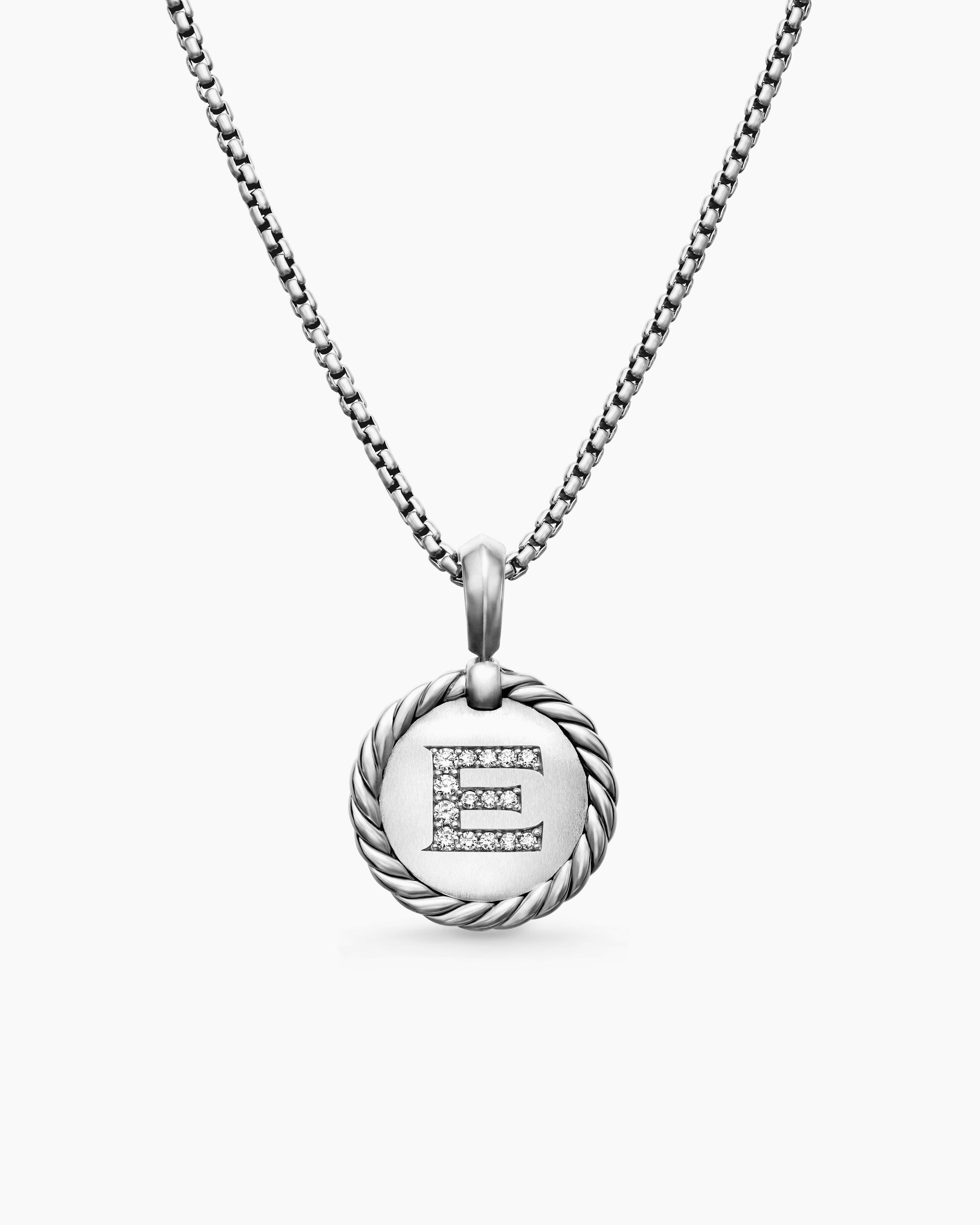 Initial Charm Necklace in Sterling Silver with Diamond E