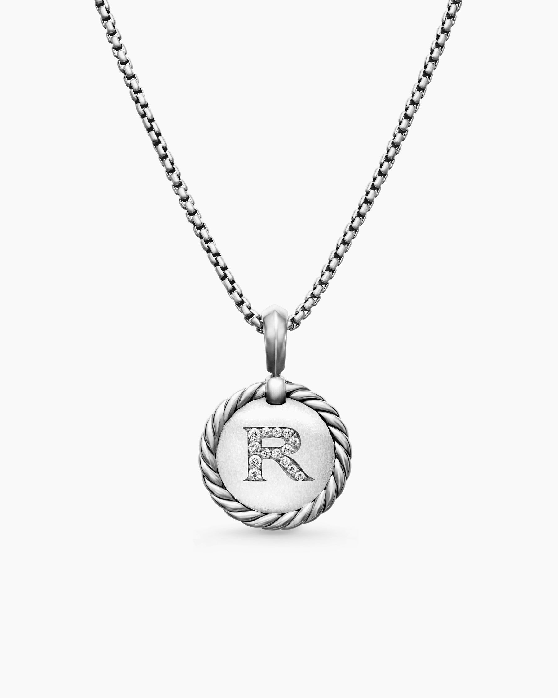 Initial Charm Necklace in Sterling Silver with Diamond R