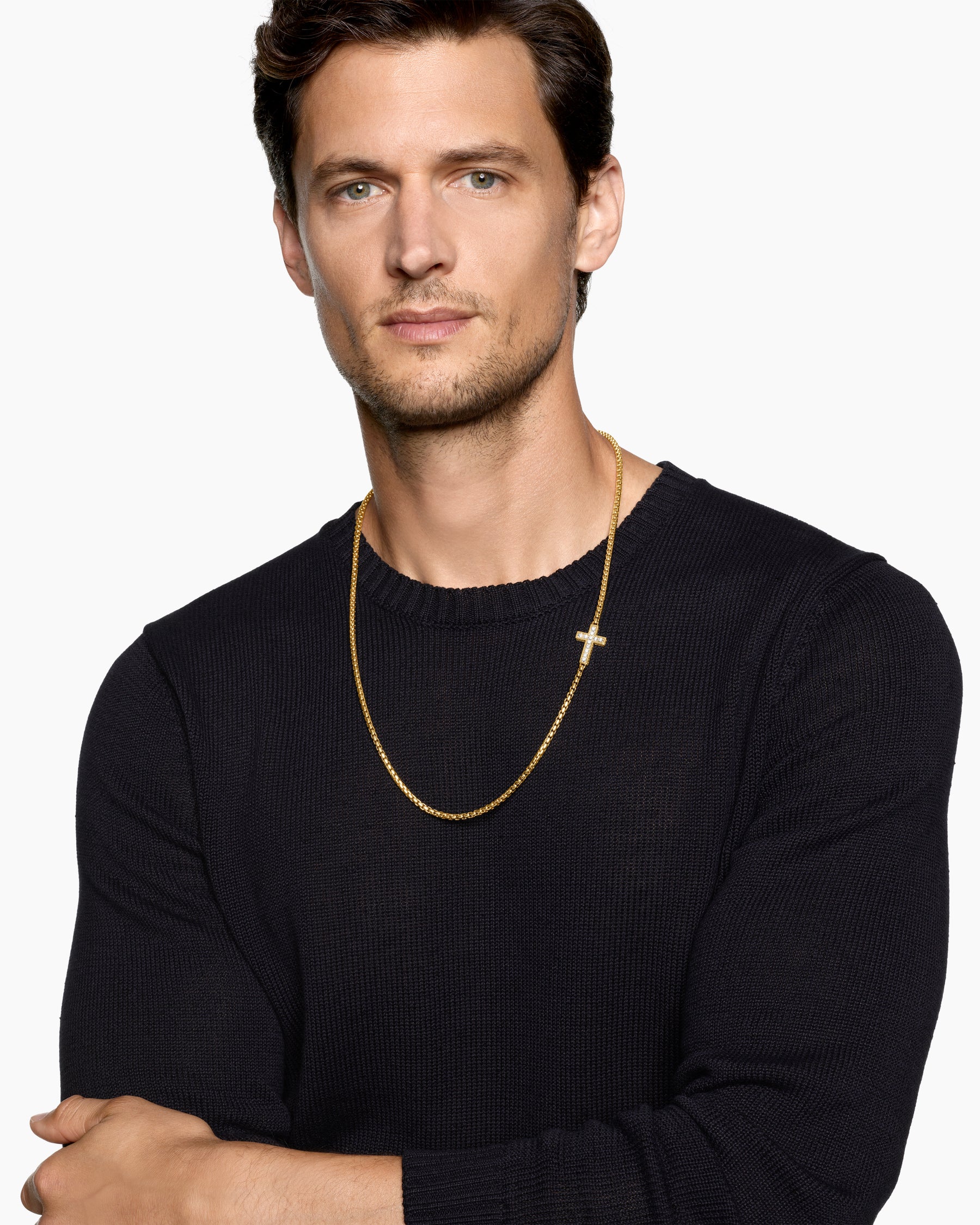 Cross Station Necklace in 18K Yellow Gold with Diamonds, 3.4mm - Image 2