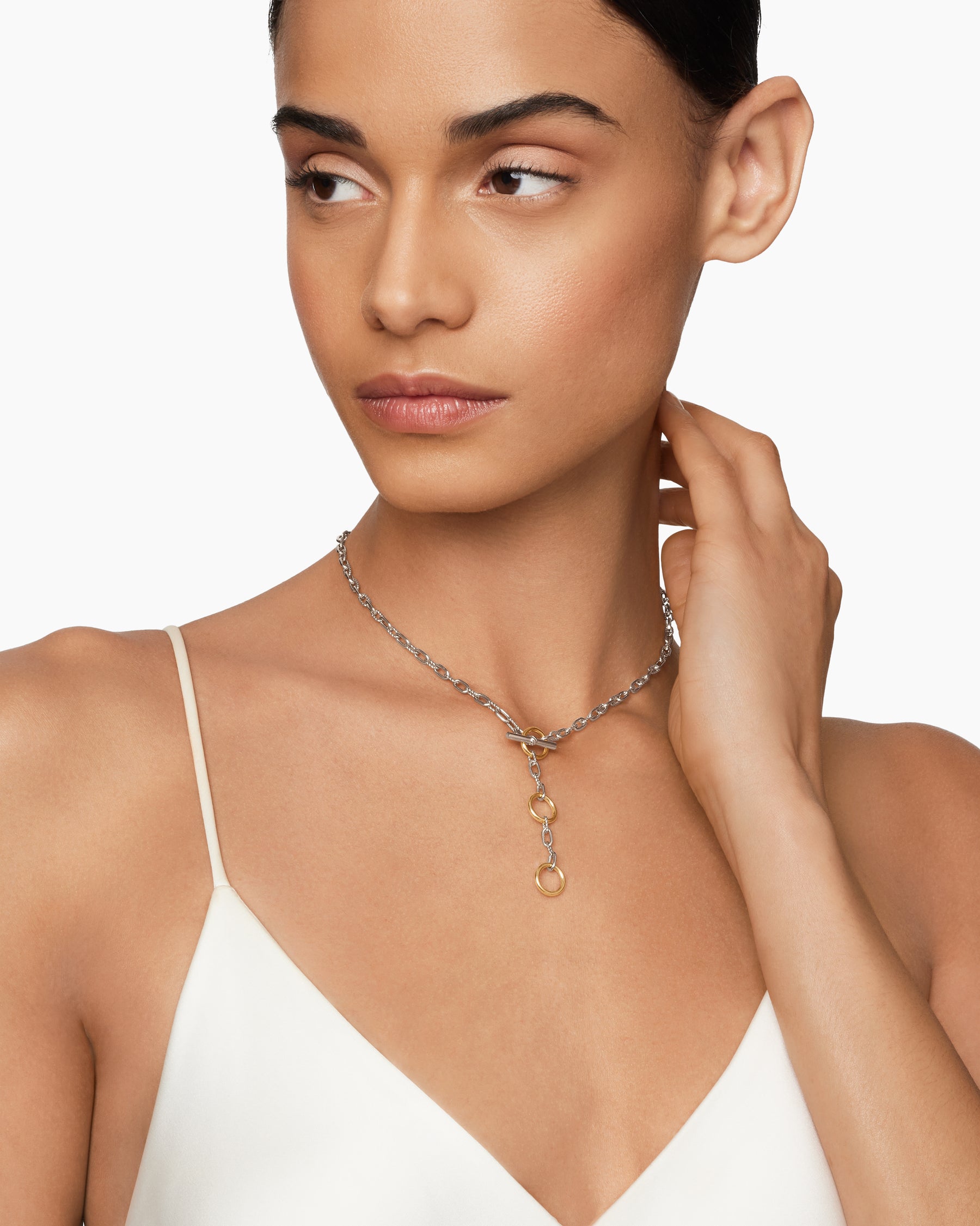 Alternative view of DY Madison Three Ring Chain Necklace in Sterling Silver with 18K Yellow Gold, 3mm
