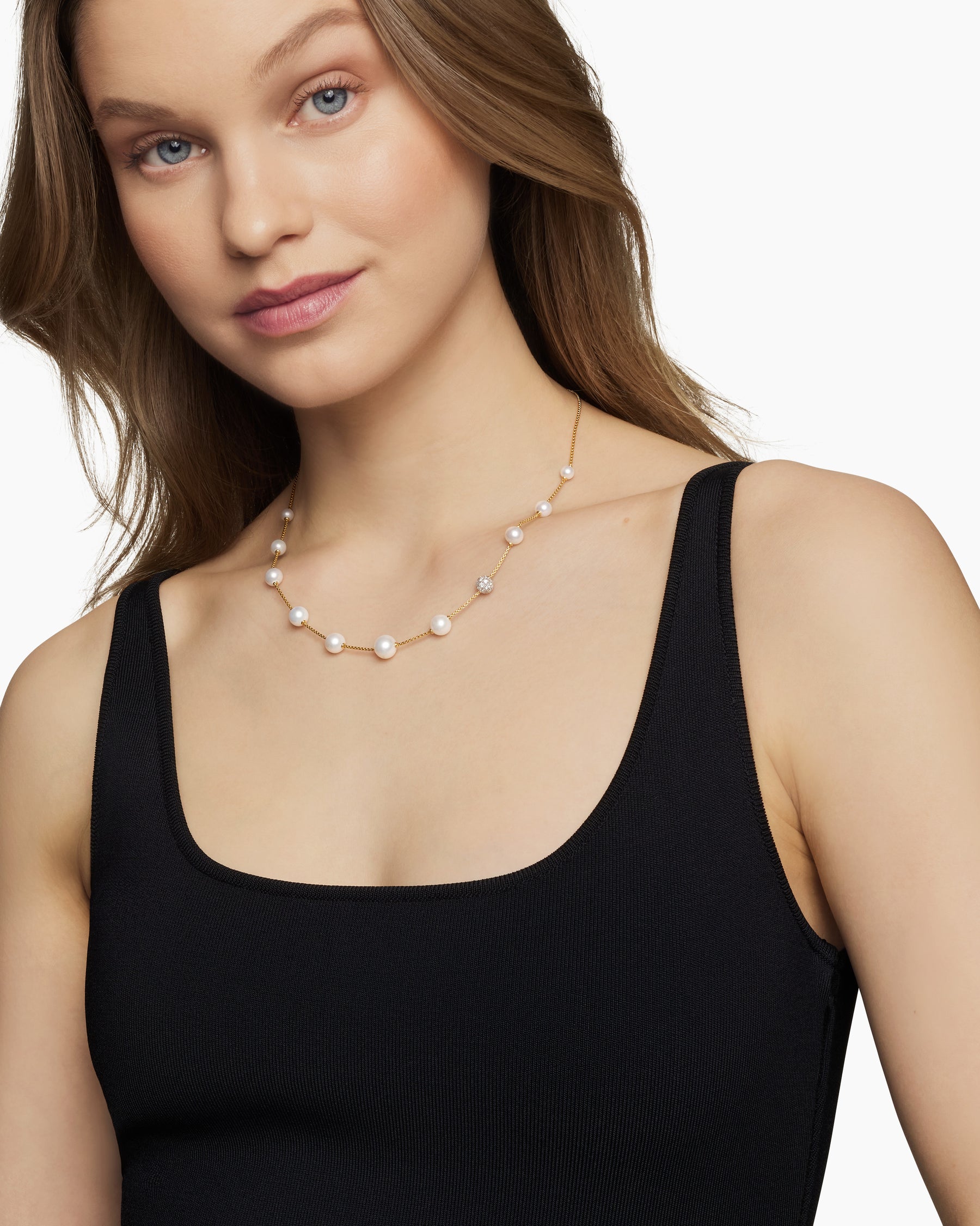 Pearl and Pavé Station Necklace in 18K Yellow Gold with Pearls and Diamonds - Image 2