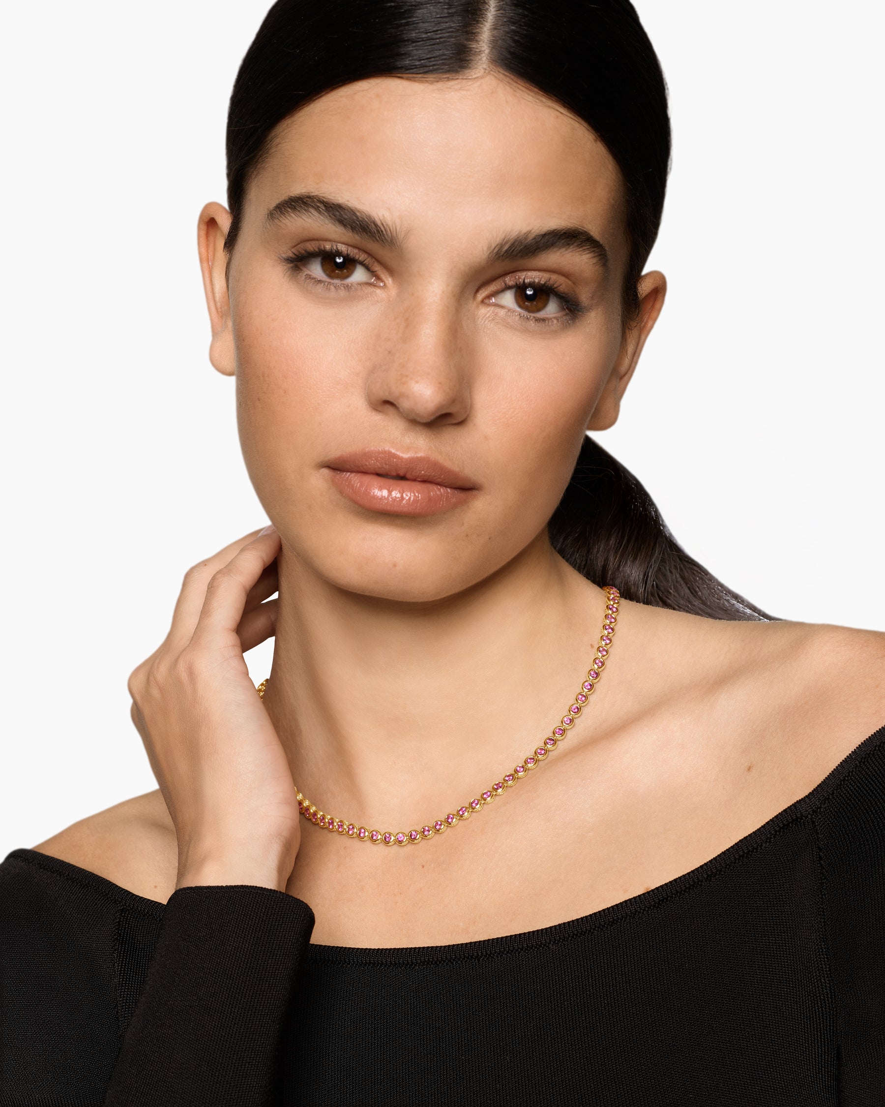 Bezel Set Tennis Necklace in 18K Yellow Gold with Pink Tourmalines, 4.7mm - Image 2