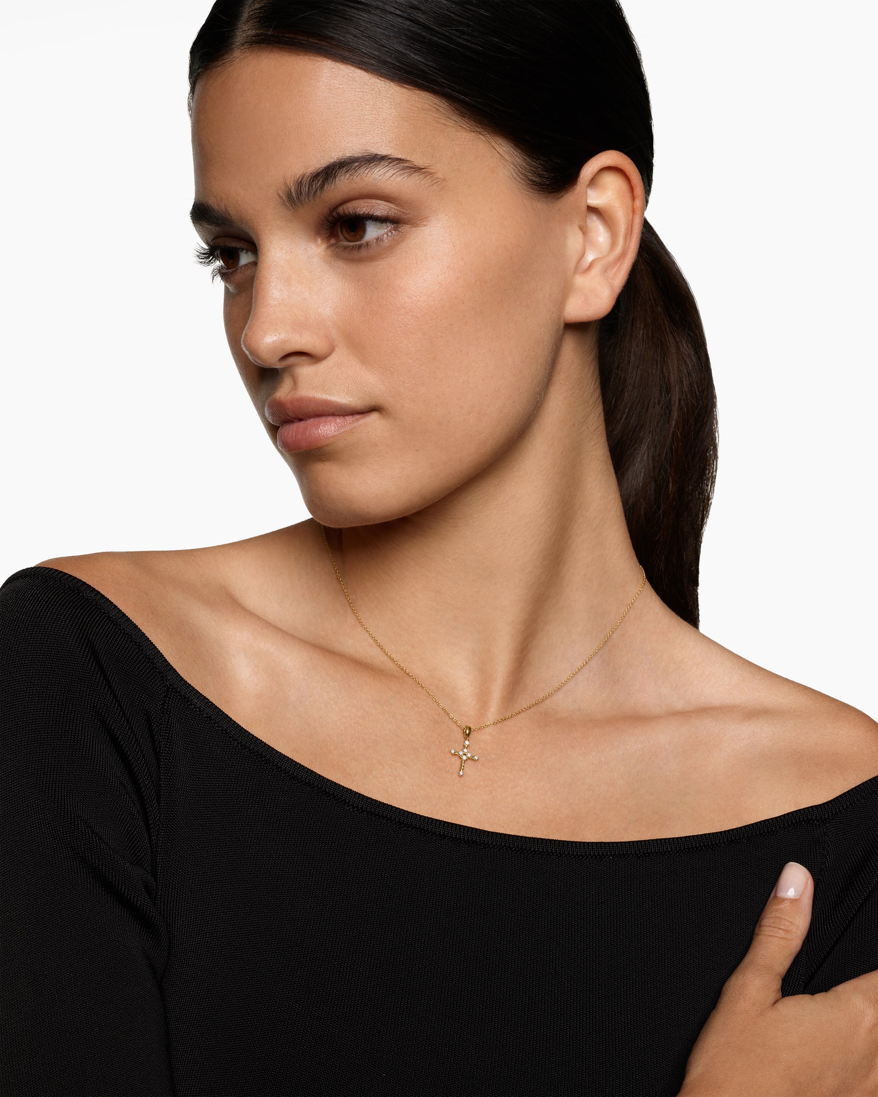 Petite Modern Renaissance Cross Pendant Necklace in 18K Yellow Gold with Diamonds, 15.9mm - Image 2
