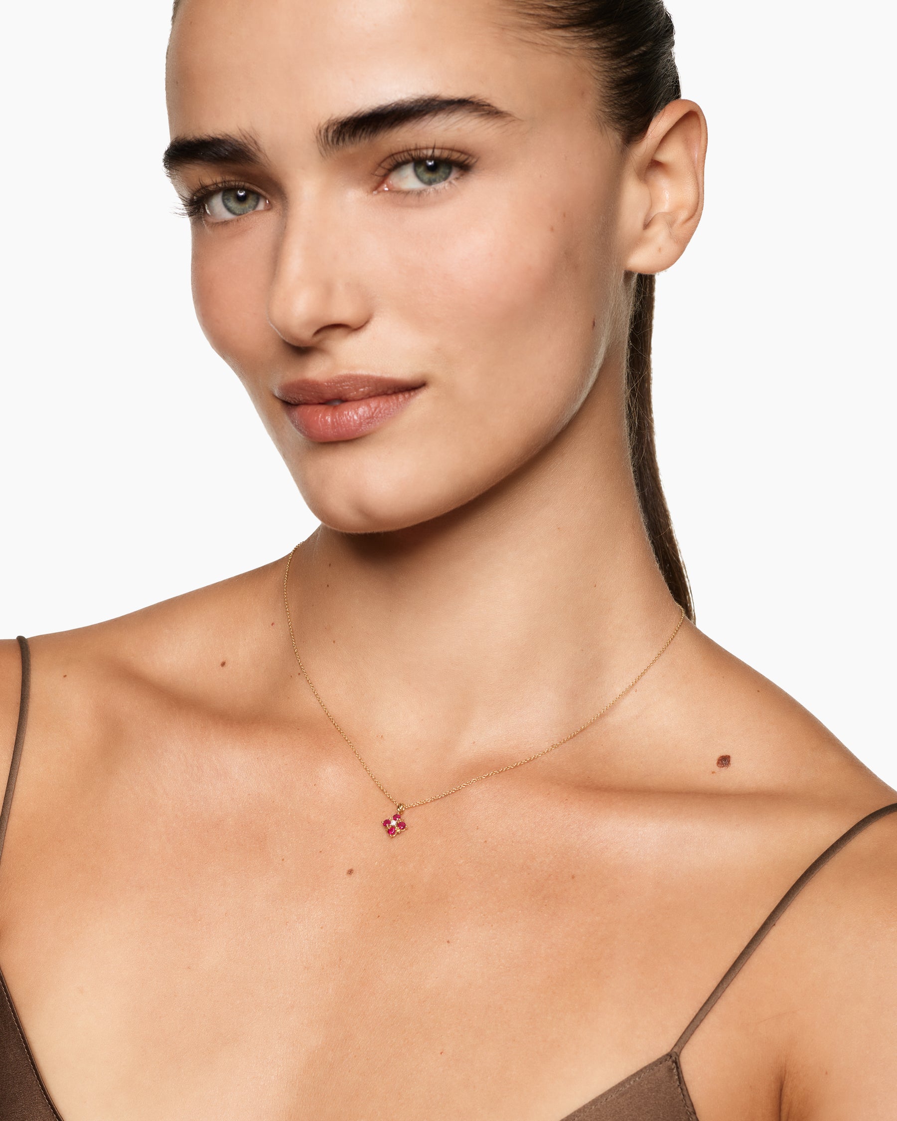 Alternative view of Petite Modern Renaissance Pendant Necklace in 18K Yellow Gold with Rubies and Diamond, 9.2mm