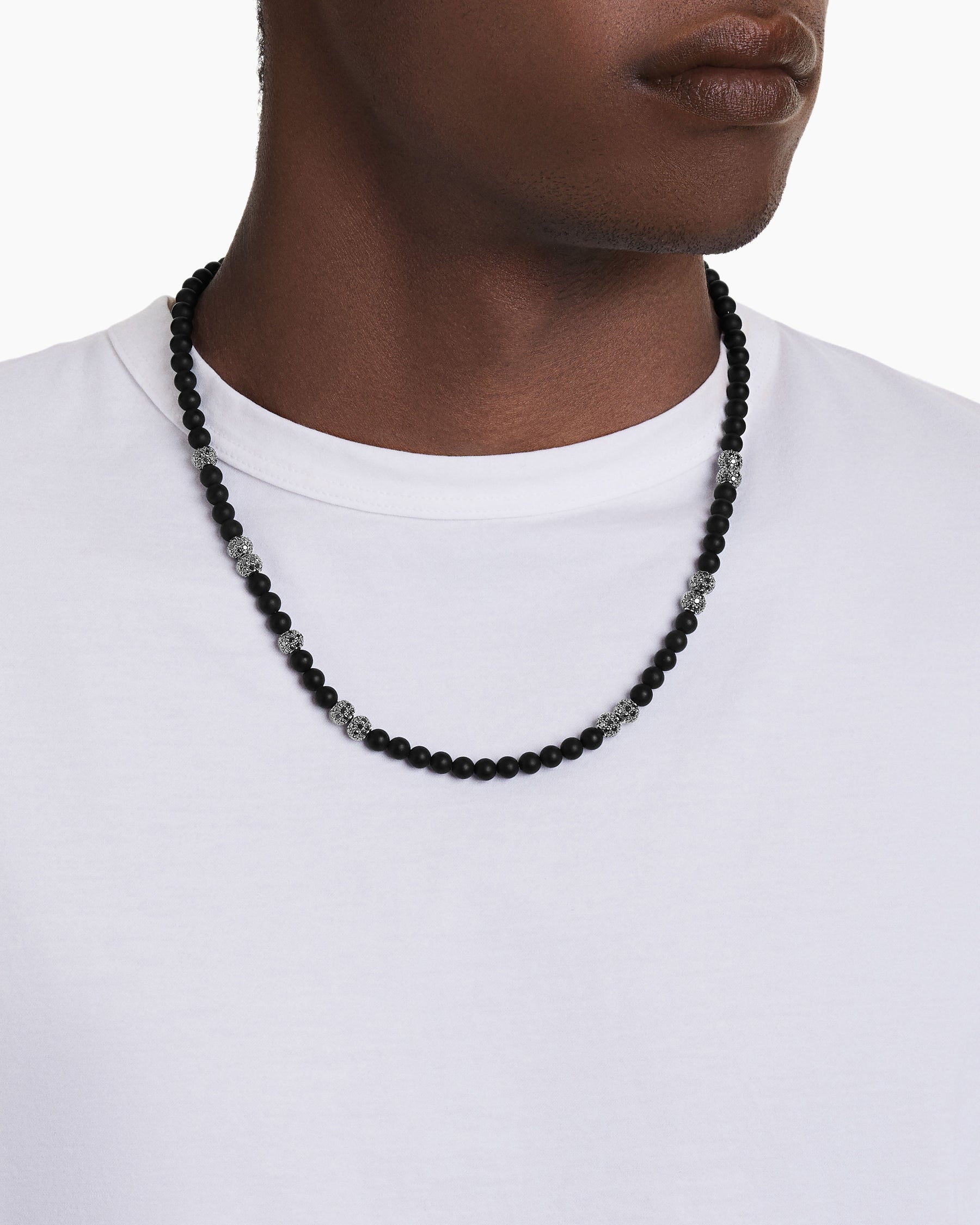Alternative view of Spiritual Beads Necklace in Sterling Silver with Black Onyx and Pavé Black Diamonds, 6mm