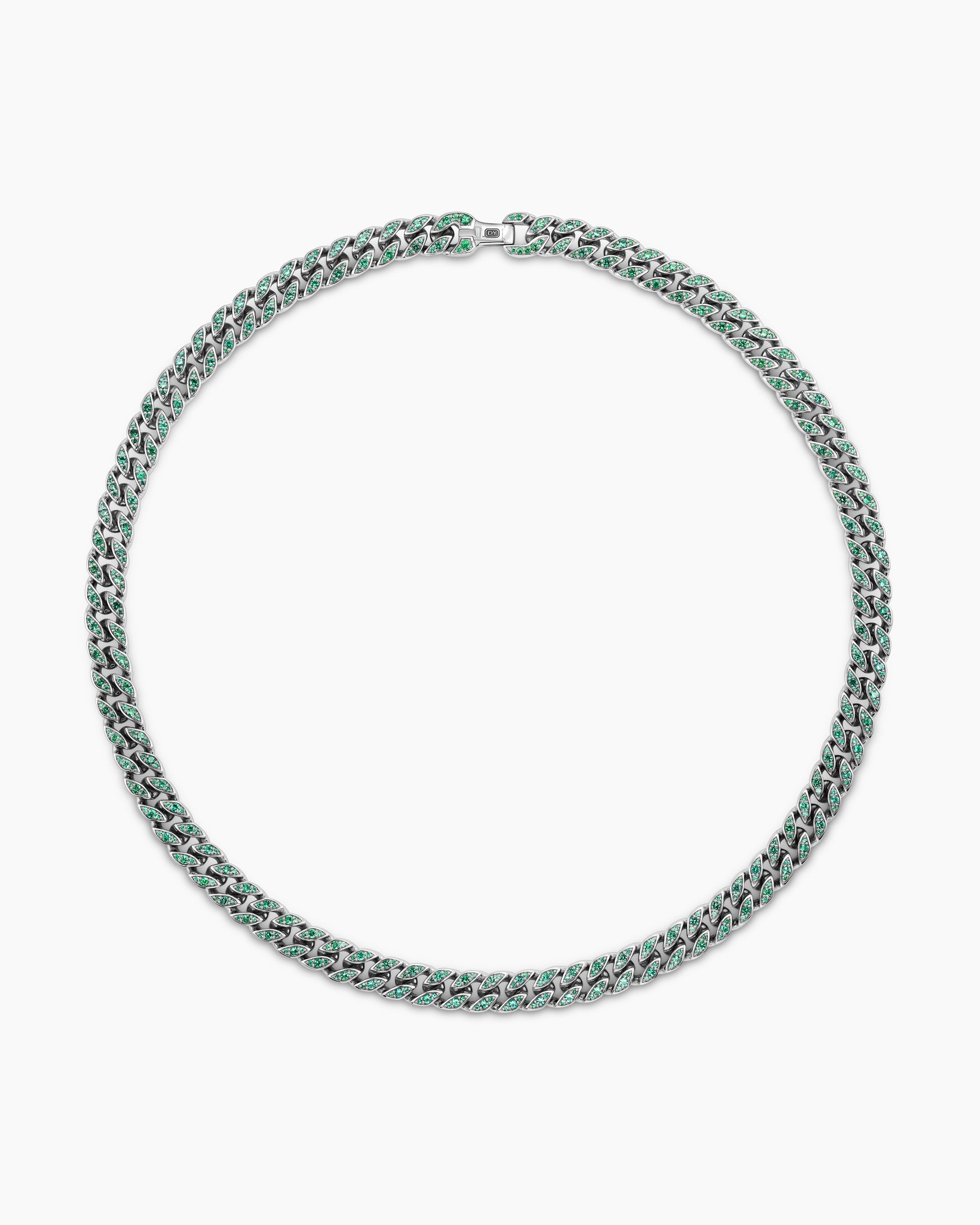 Curb Chain Necklace in 18K White Gold with Emeralds, 11.5mm - Image 2