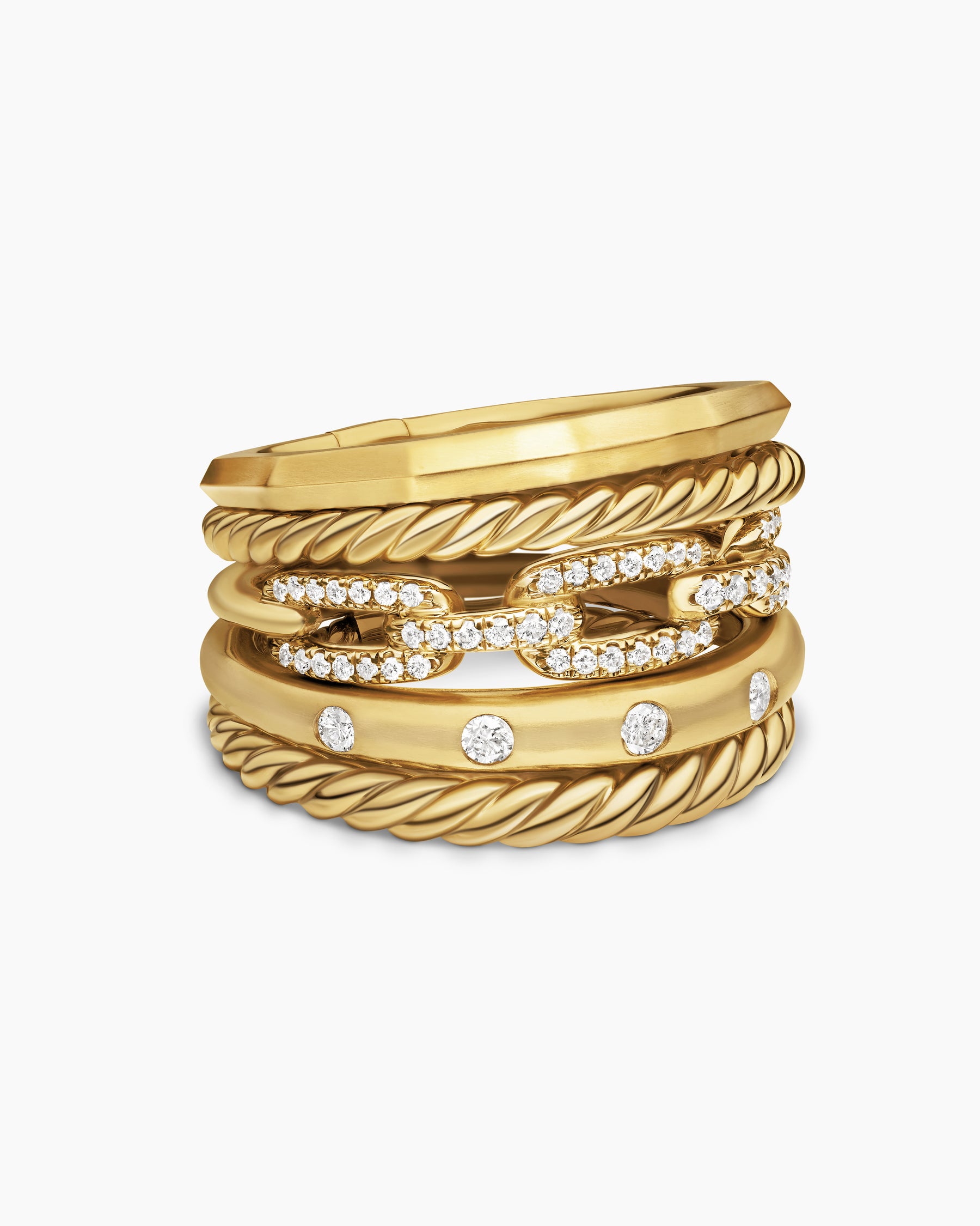 Stax Five Row Ring in 18K Yellow Gold with Diamonds, 15mm