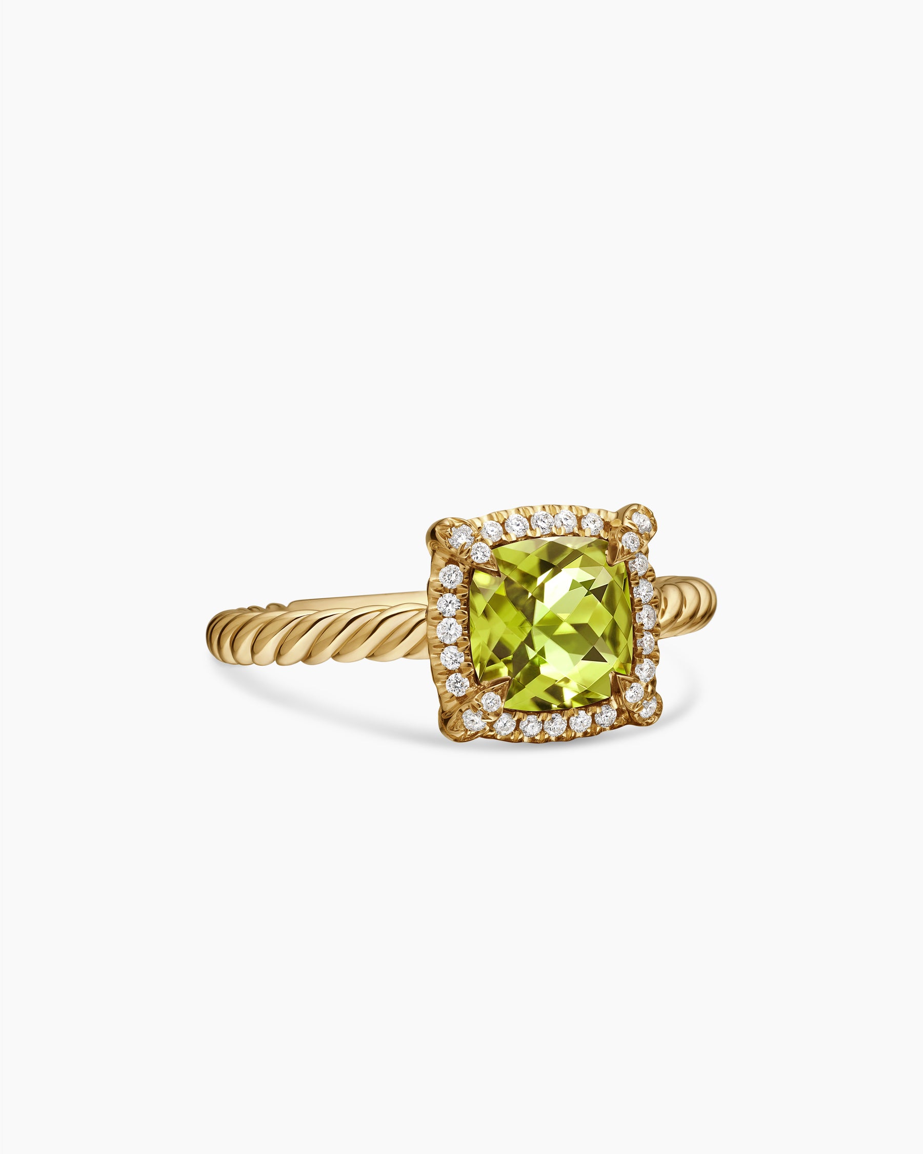 Petite Chatelaine Pavé Bezel Ring in 18K Yellow Gold with Peridot and Diamonds, 7mm