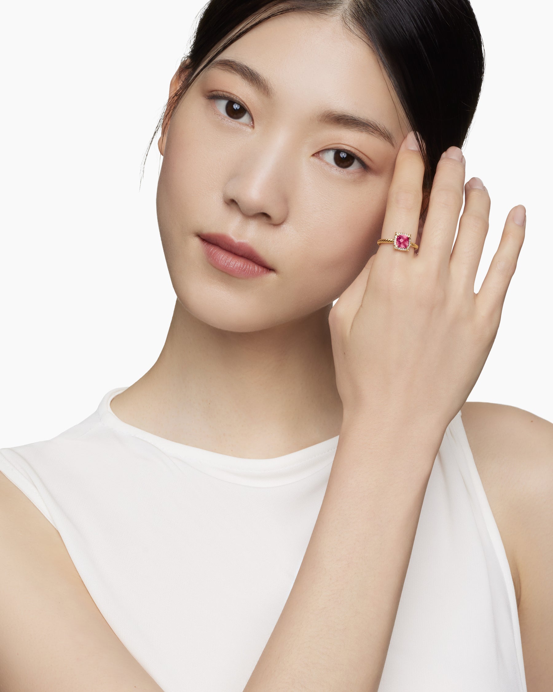 Alternative view of Petite Chatelaine Pavé Bezel Ring in 18K Yellow Gold with Pink Tourmaline and Diamonds, 7mm