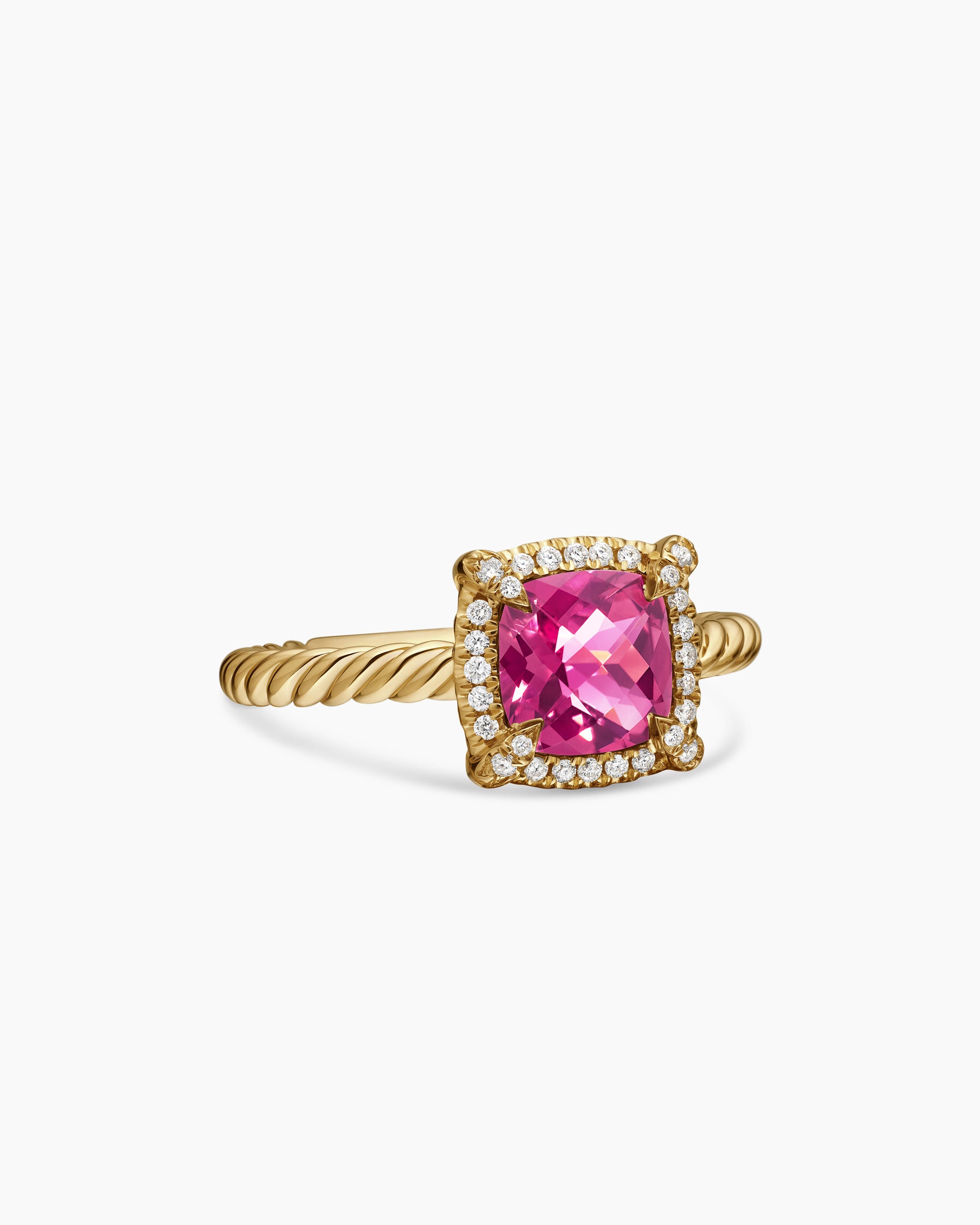 Petite Chatelaine Pavé Bezel Ring in 18K Yellow Gold with Pink Tourmaline and Diamonds, 7mm