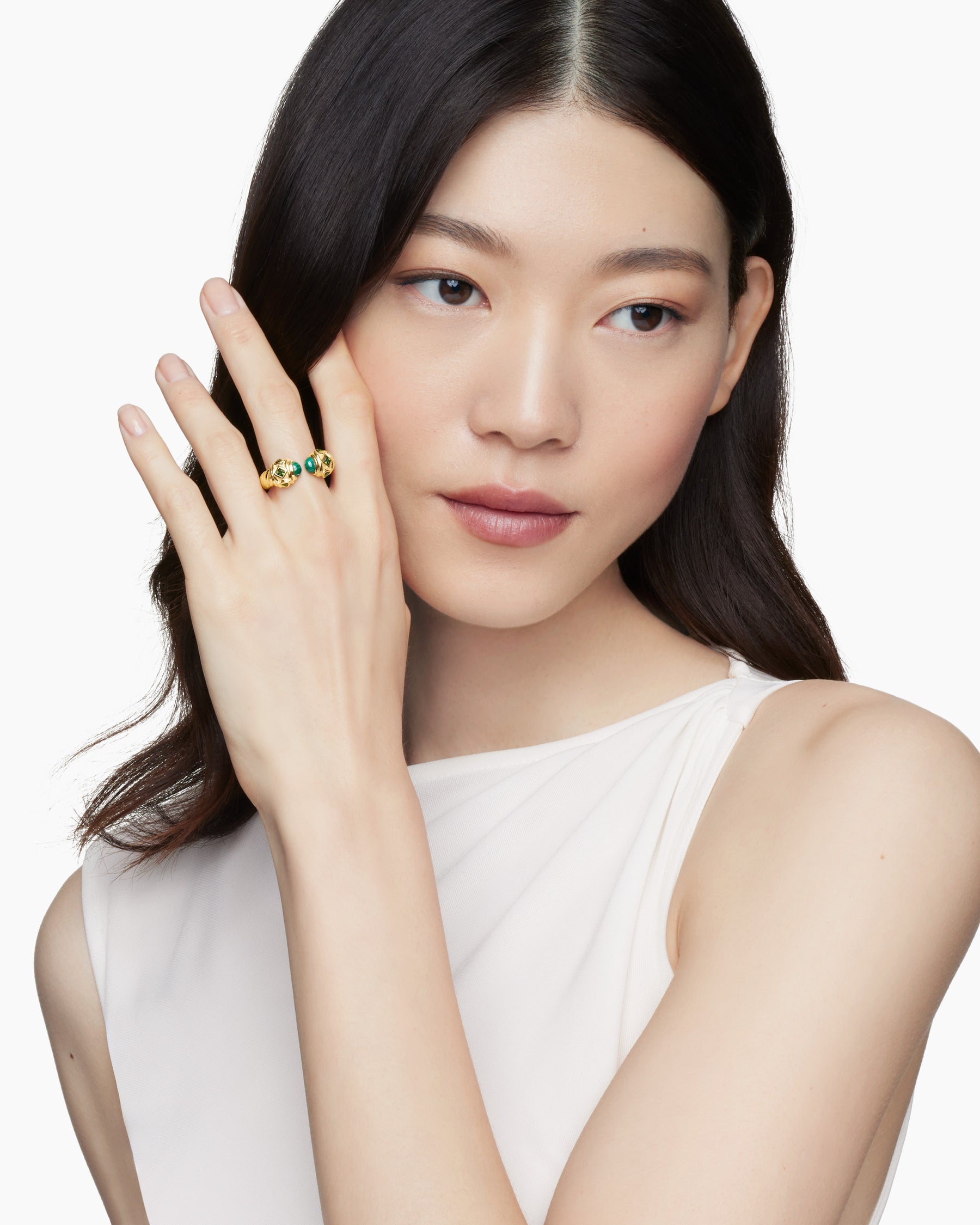 Alternative view of Renaissance Color Ring in 18K Yellow Gold with Malachite and Tsavorites, 10mm
