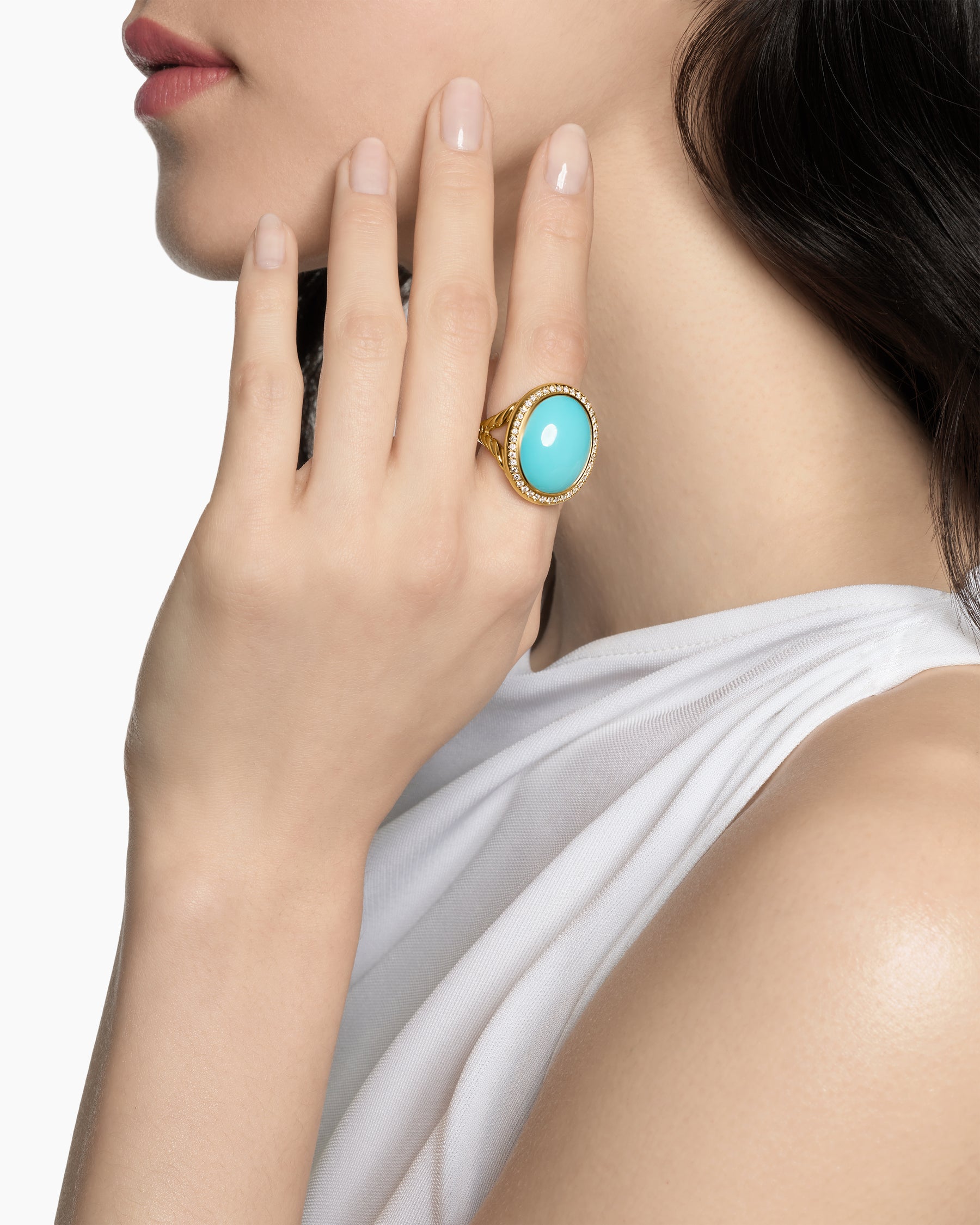 Albion Oval Ring in 18K Yellow Gold with Turquoise and Diamonds, 21mm - Image 2