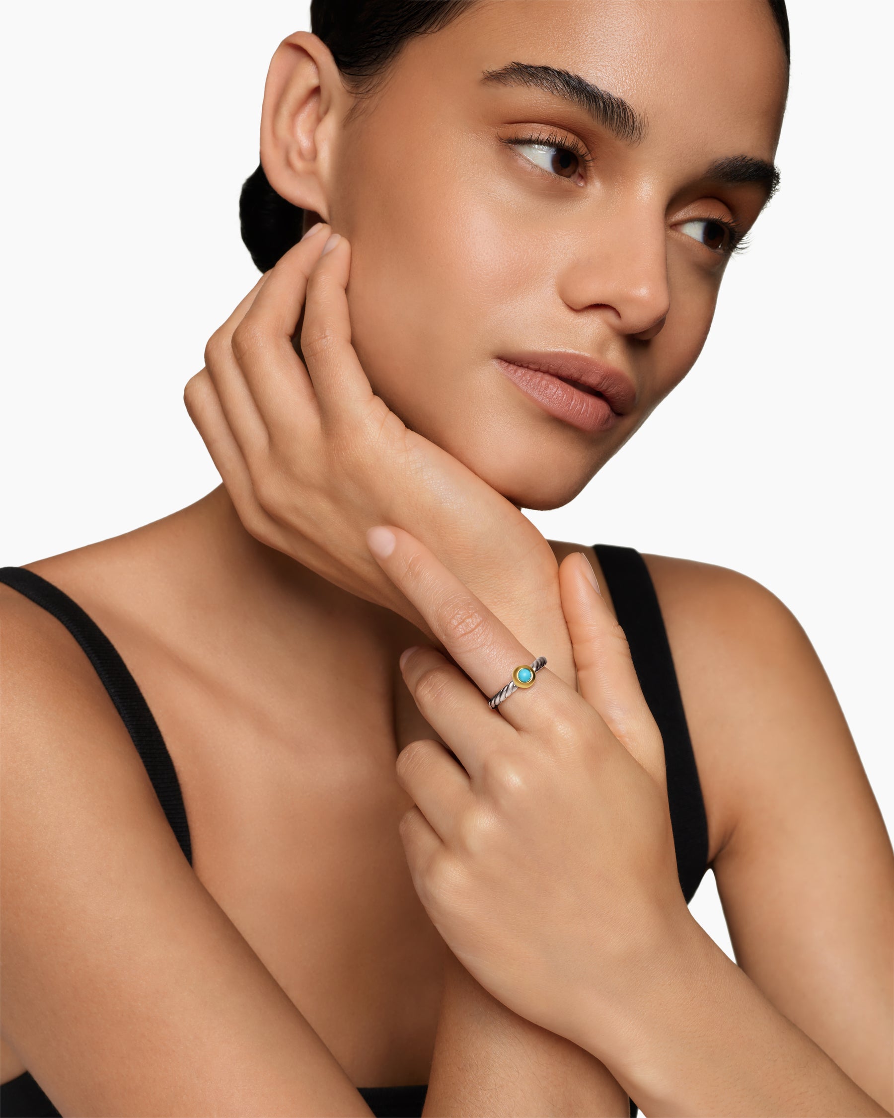 Petite Cable Ring in Sterling Silver with 14K Yellow Gold and Turquoise, 2.8mm - Image 2