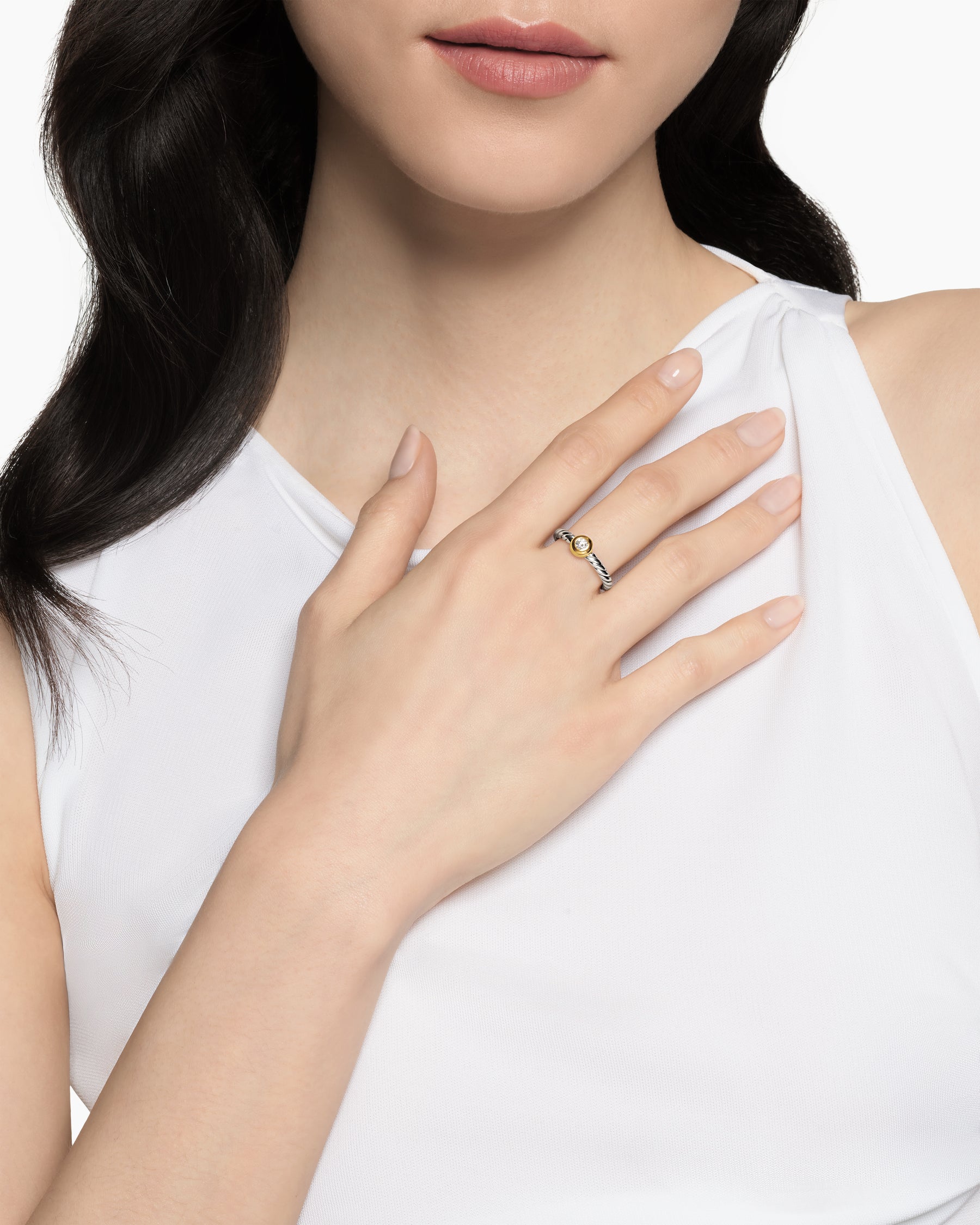Petite Cable Ring in Sterling Silver with 14K Yellow Gold and Center Diamond, 2.8mm - Image 2