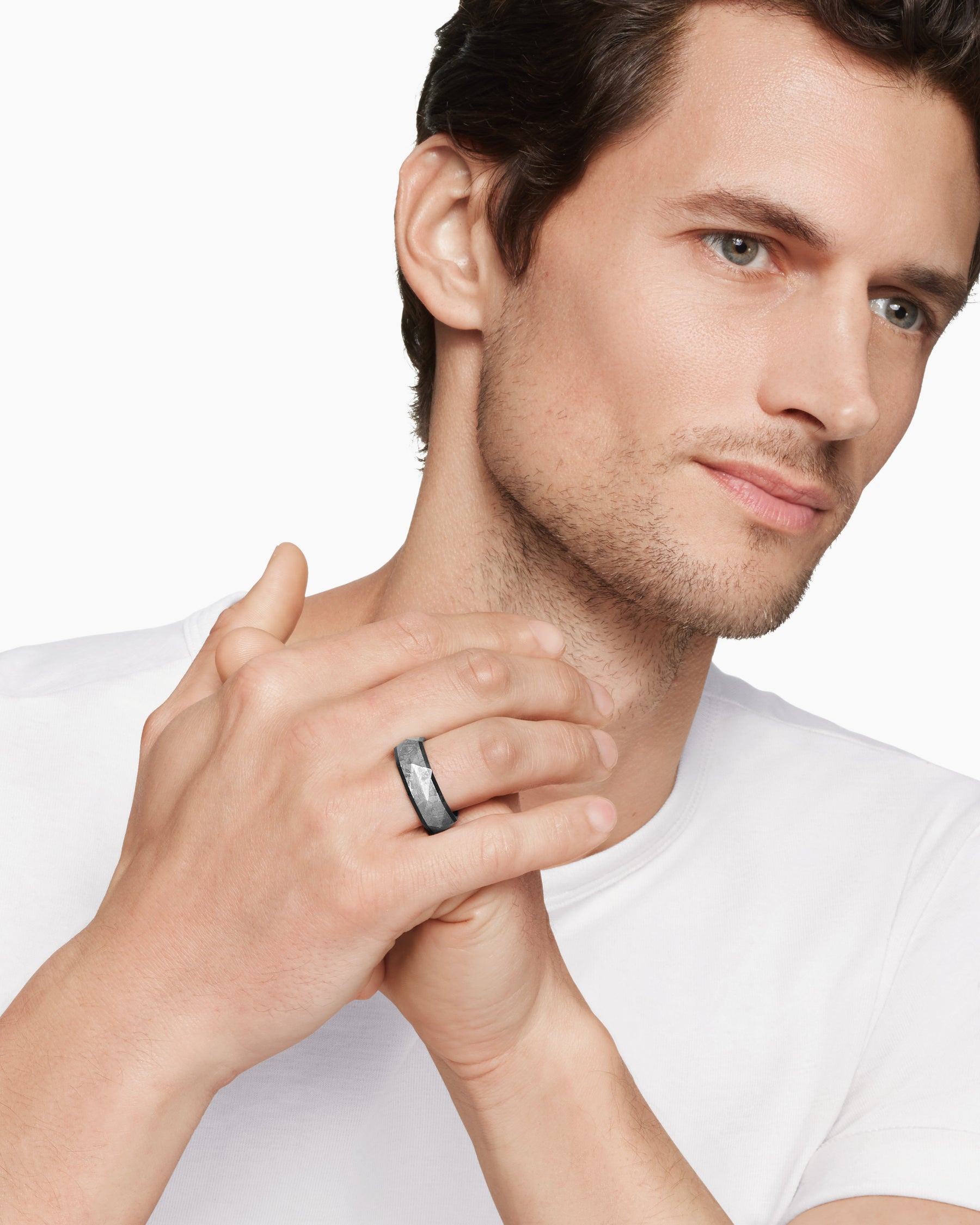 Torqued Faceted Band Ring in Black Titanium with Meteorite, 8.5mm - Image 7